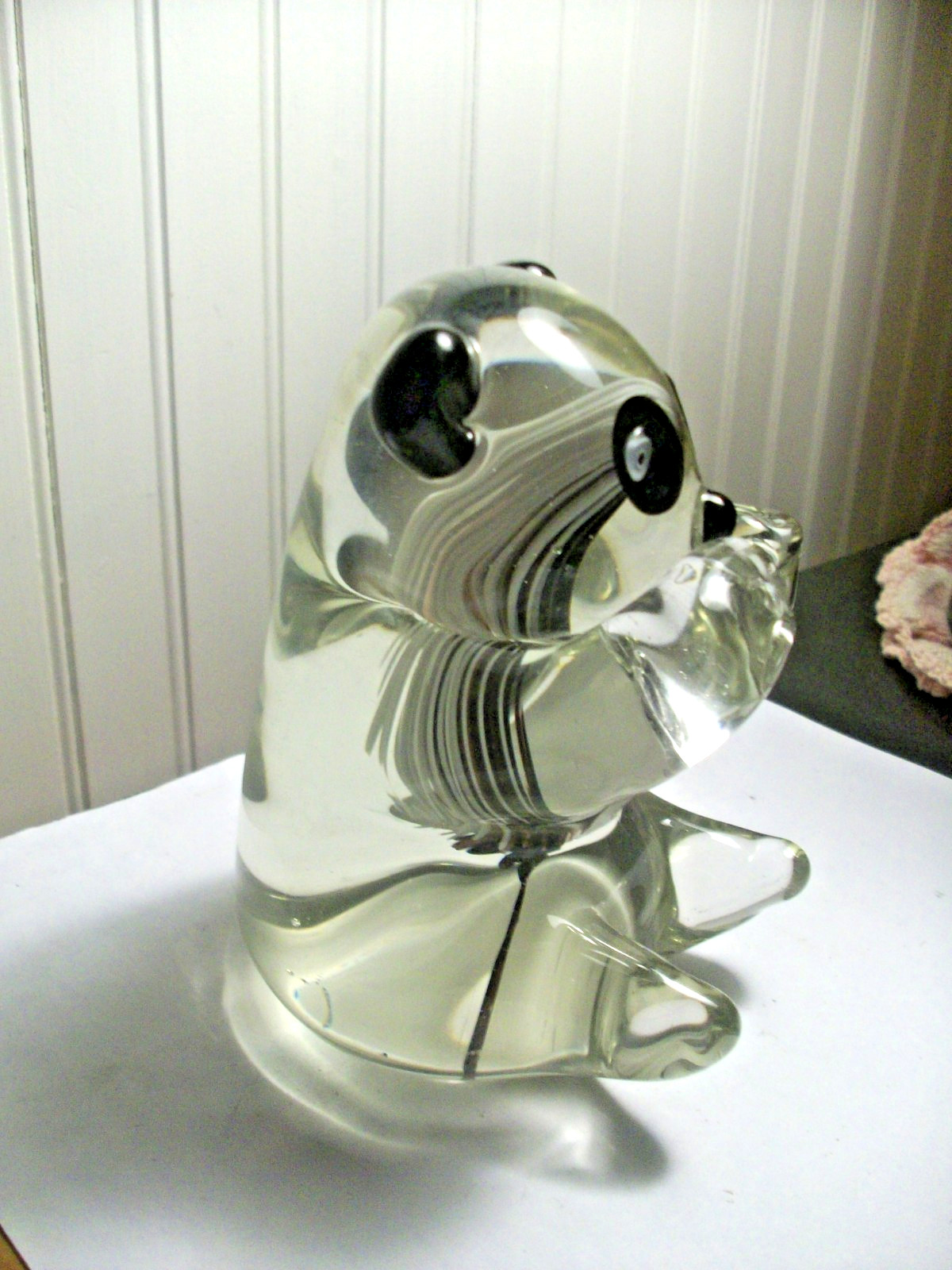 Hand blown Art Glass paperweight clear panda bear pulled black white threads
