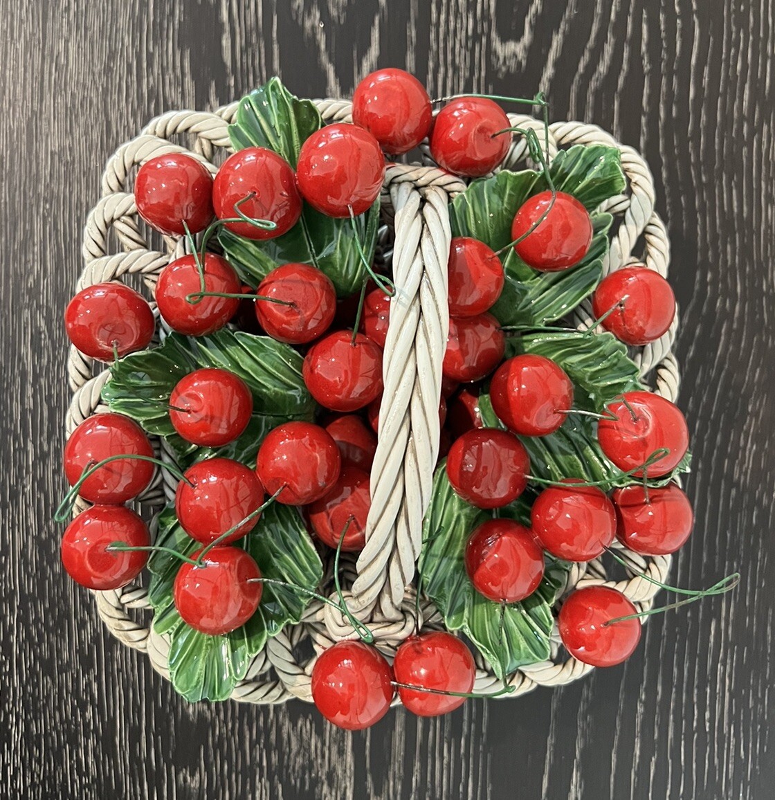 Bassano Ceramic Art Cherries in White Basket Centerpiece Made in Italy