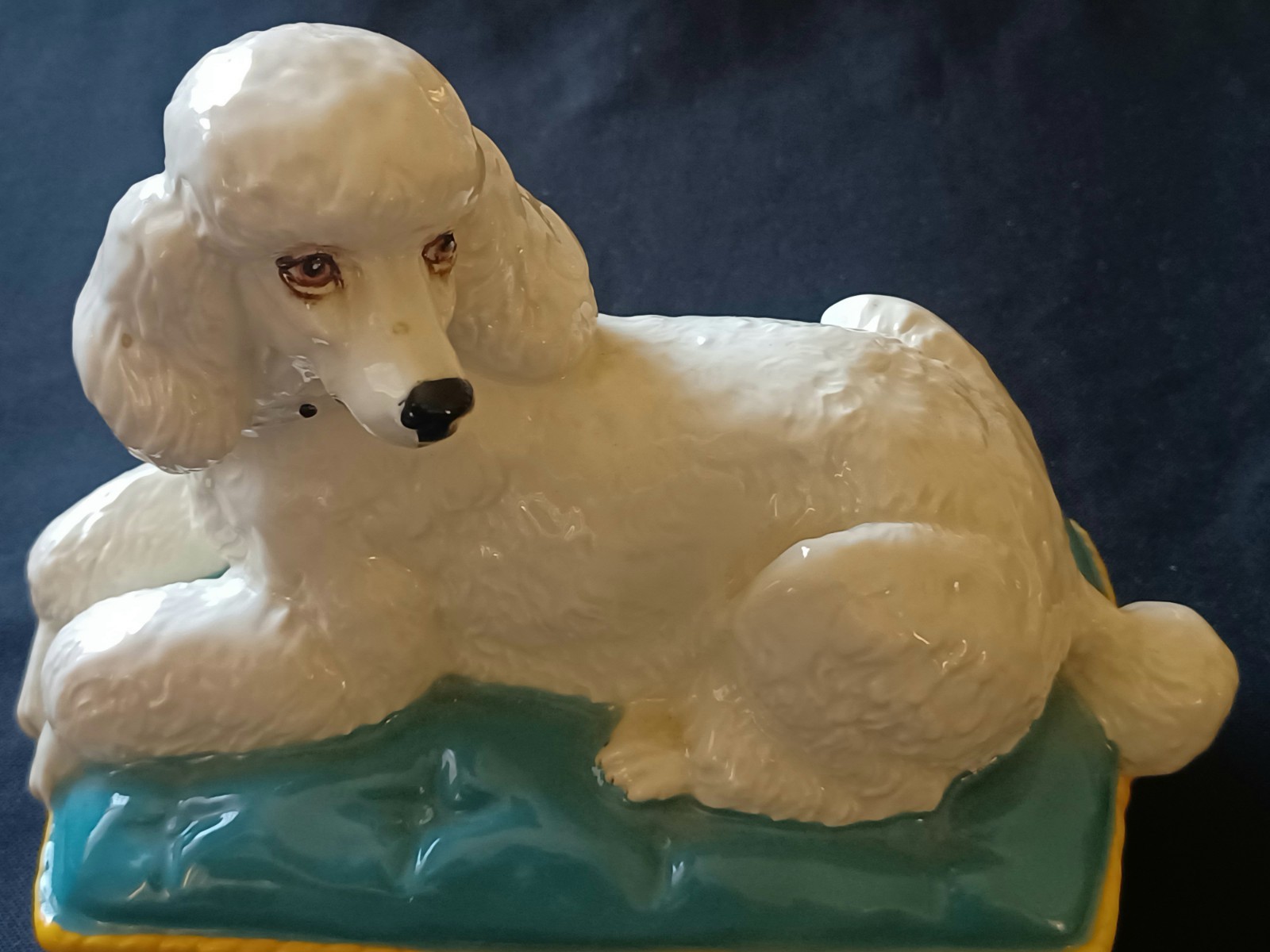 Vintage 1980s Royal Doulton Beswick White Poodle On Blue Cushion Dog Figurine