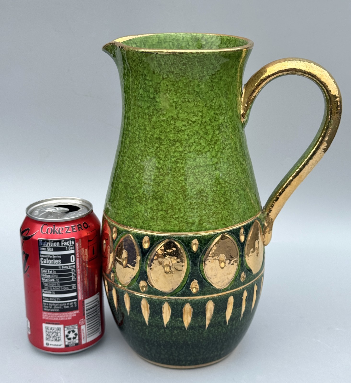 Italian Pottery Pitcher, Mid 20th Century, Green with Gold Accents, Italy