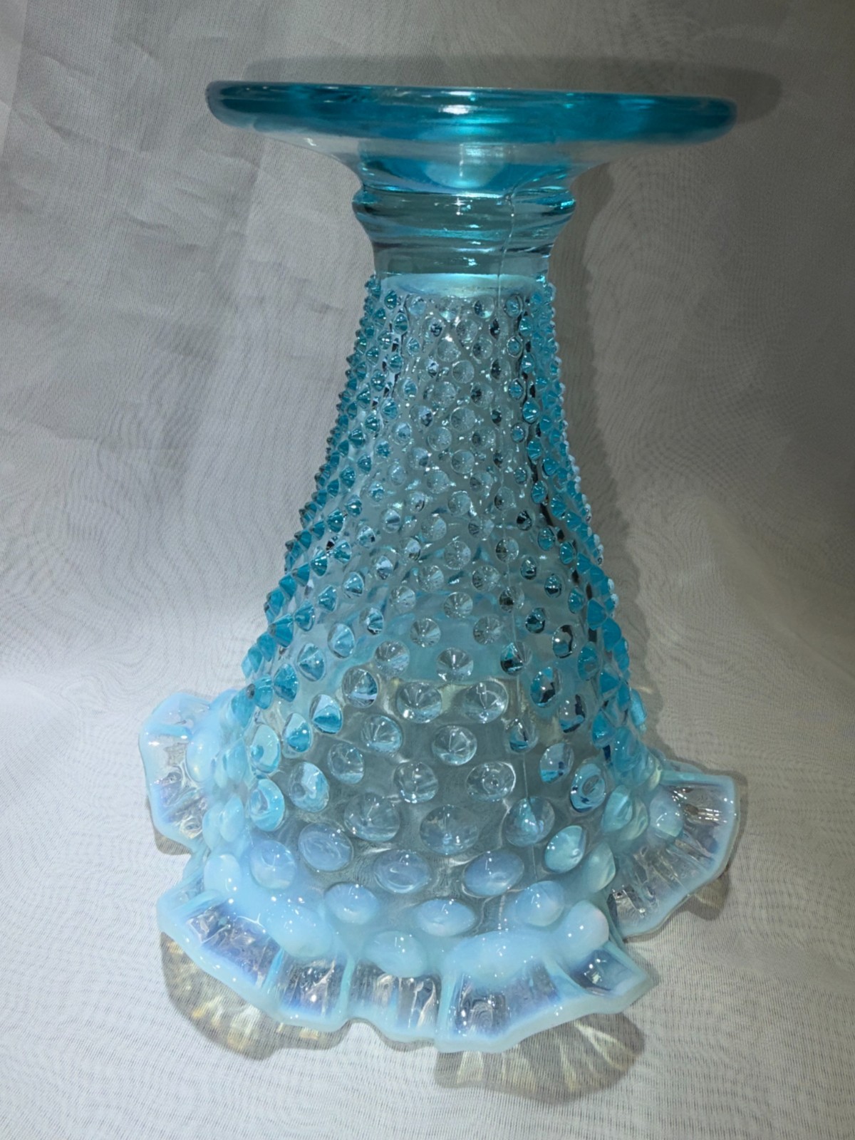Vintage Fenton Aqua Blue Opalescent Hobnail Vase Ruffled Edge Large 7.5″ Pre 70s