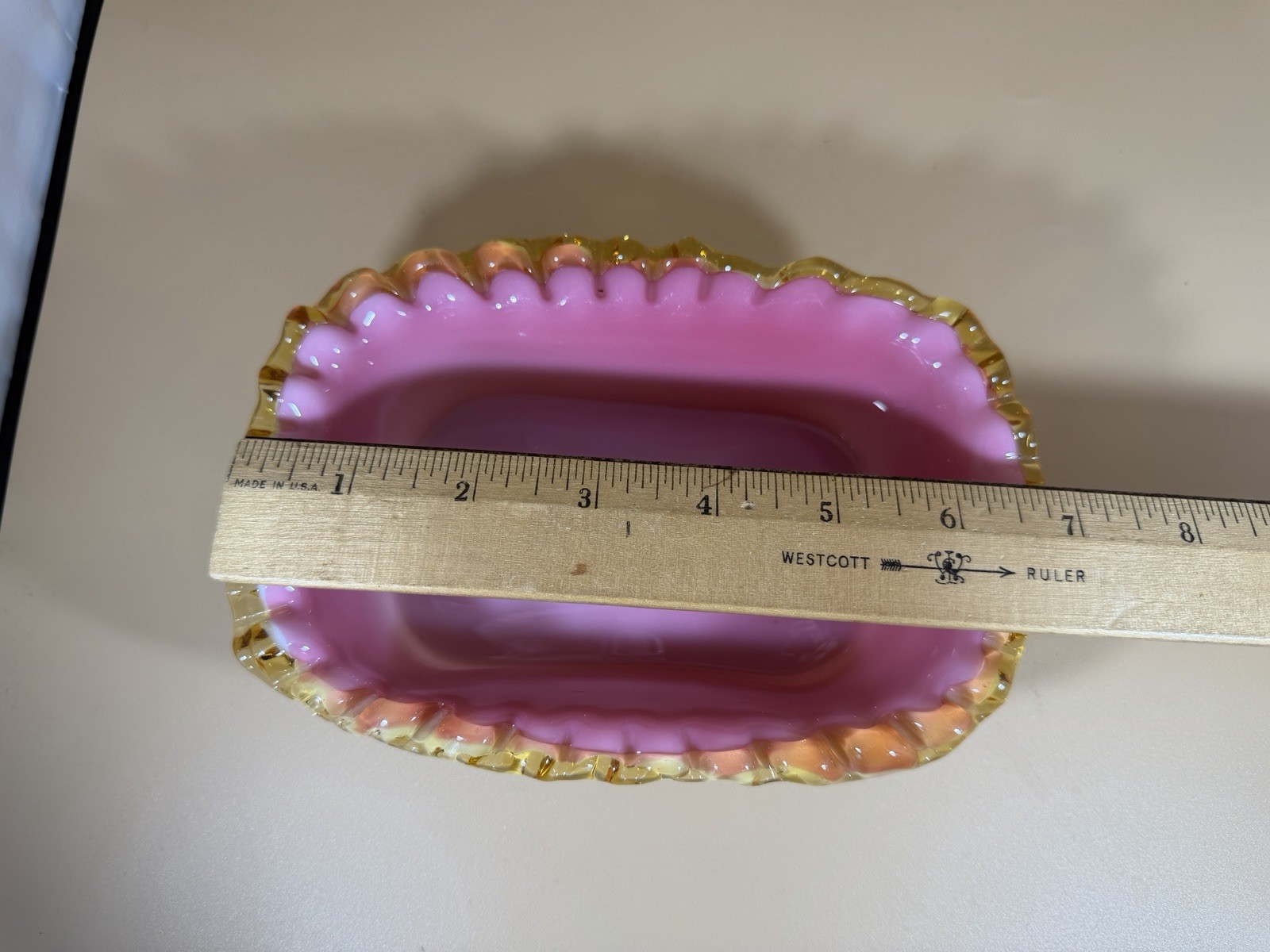 Peach Blown Glass Amber Crest -Crimped Fluted Rectangular Candy Dish -Art Glass