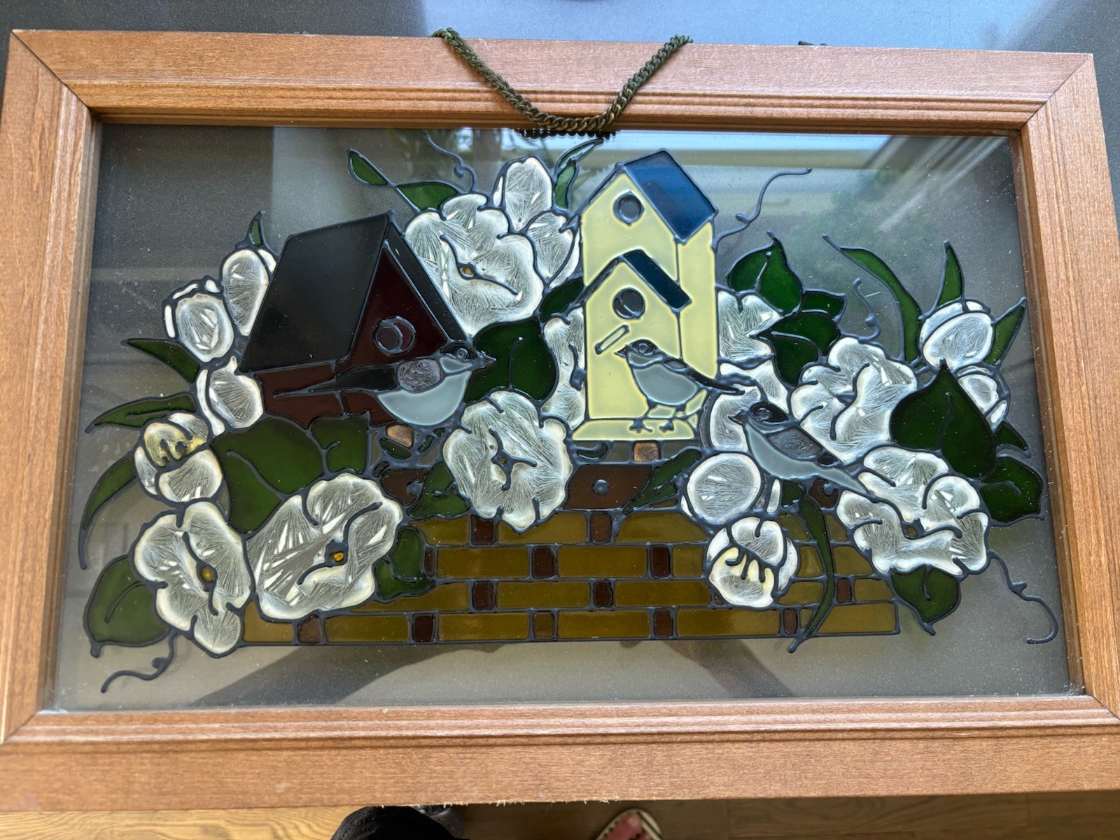 Bird House And Floral Window Panel Framed Window Hanging