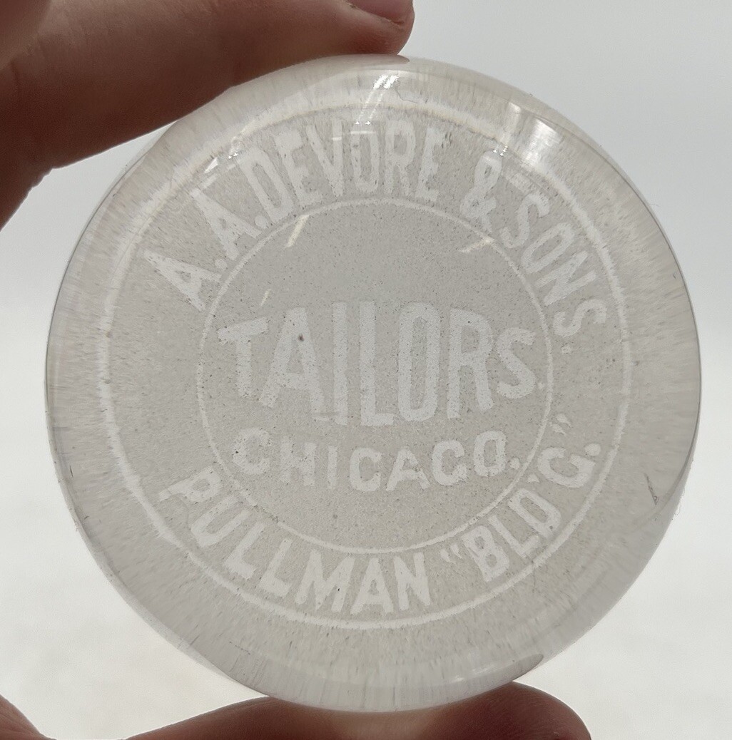 Antique Advertising Chicago Glass Paperweight A.A. Devore & Sons Pullman Bld’g