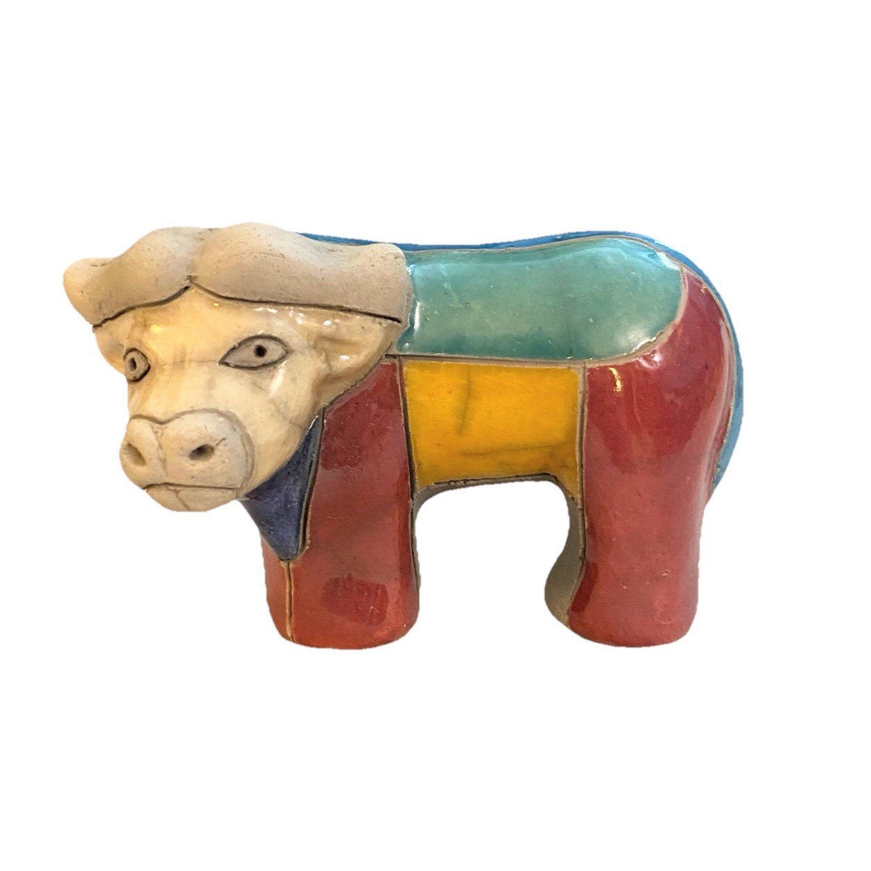 South Africa Art Pottery Raku Mini Blue Stripe Buffalo 4” Animal Handmade Signed