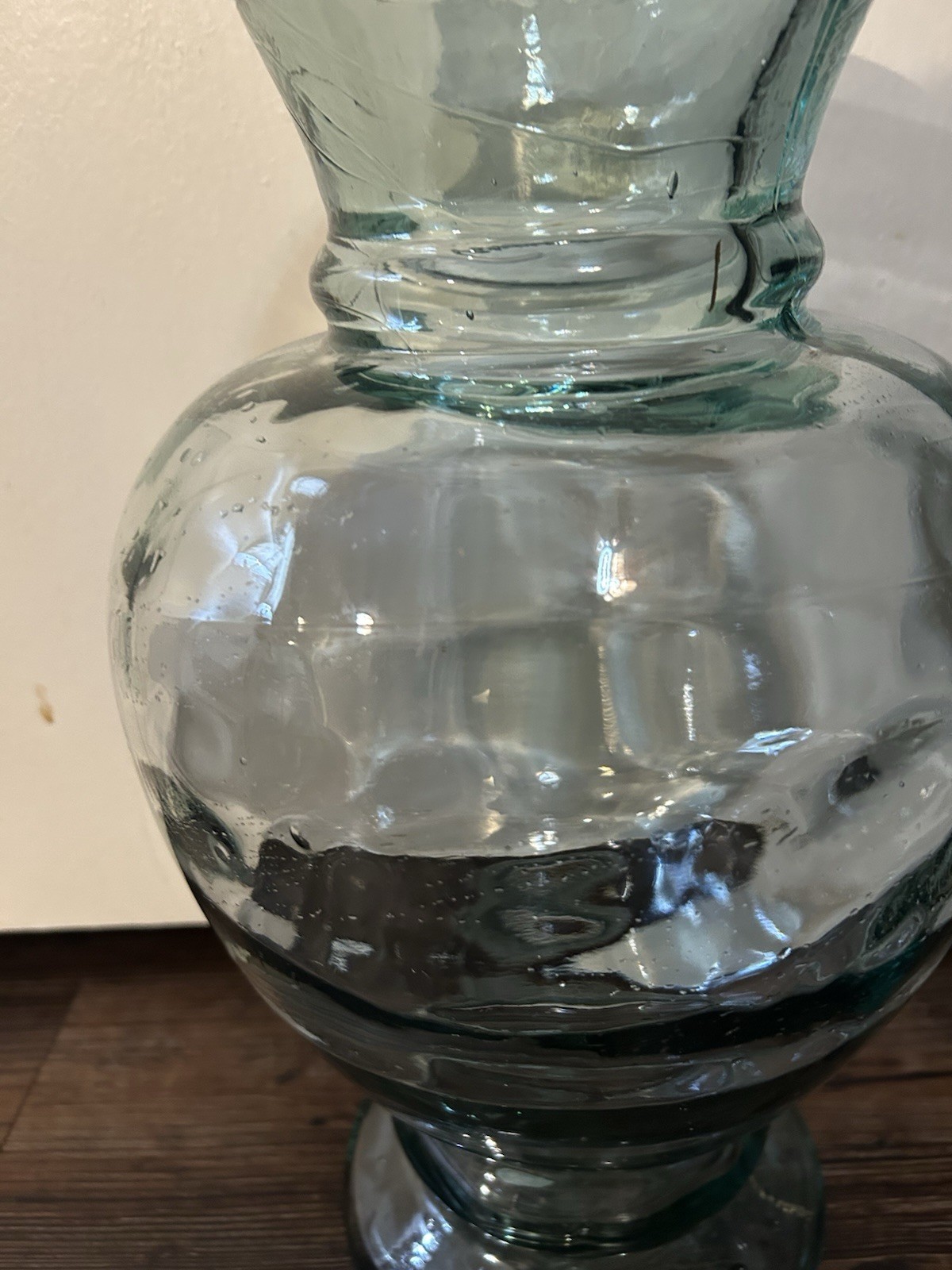 Large aqua green art glass vase with pedestal base, likely Italian.