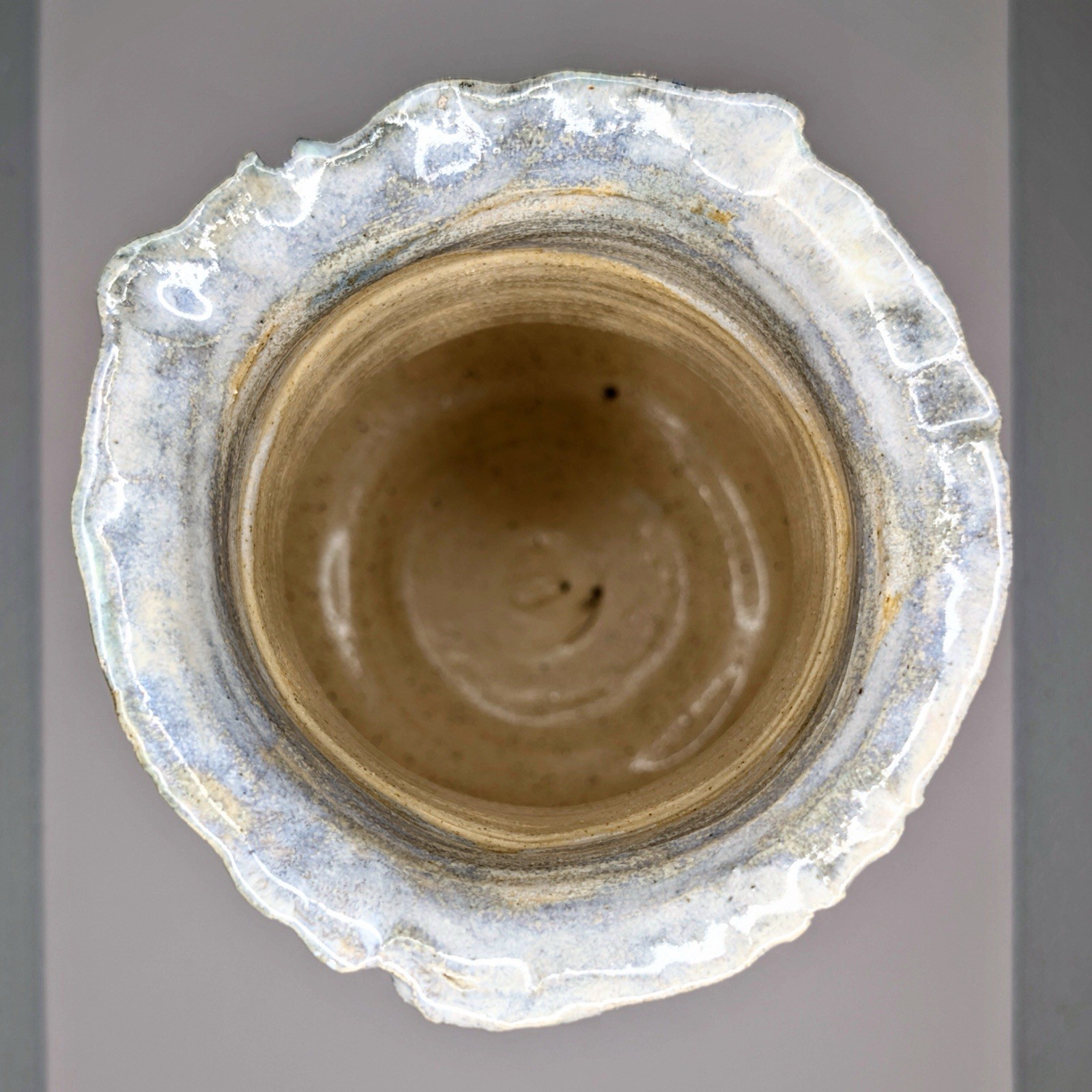 Faceted Sculpted Stoneware Vase Mint Green White Brown Flared Rim Crystal Blooms