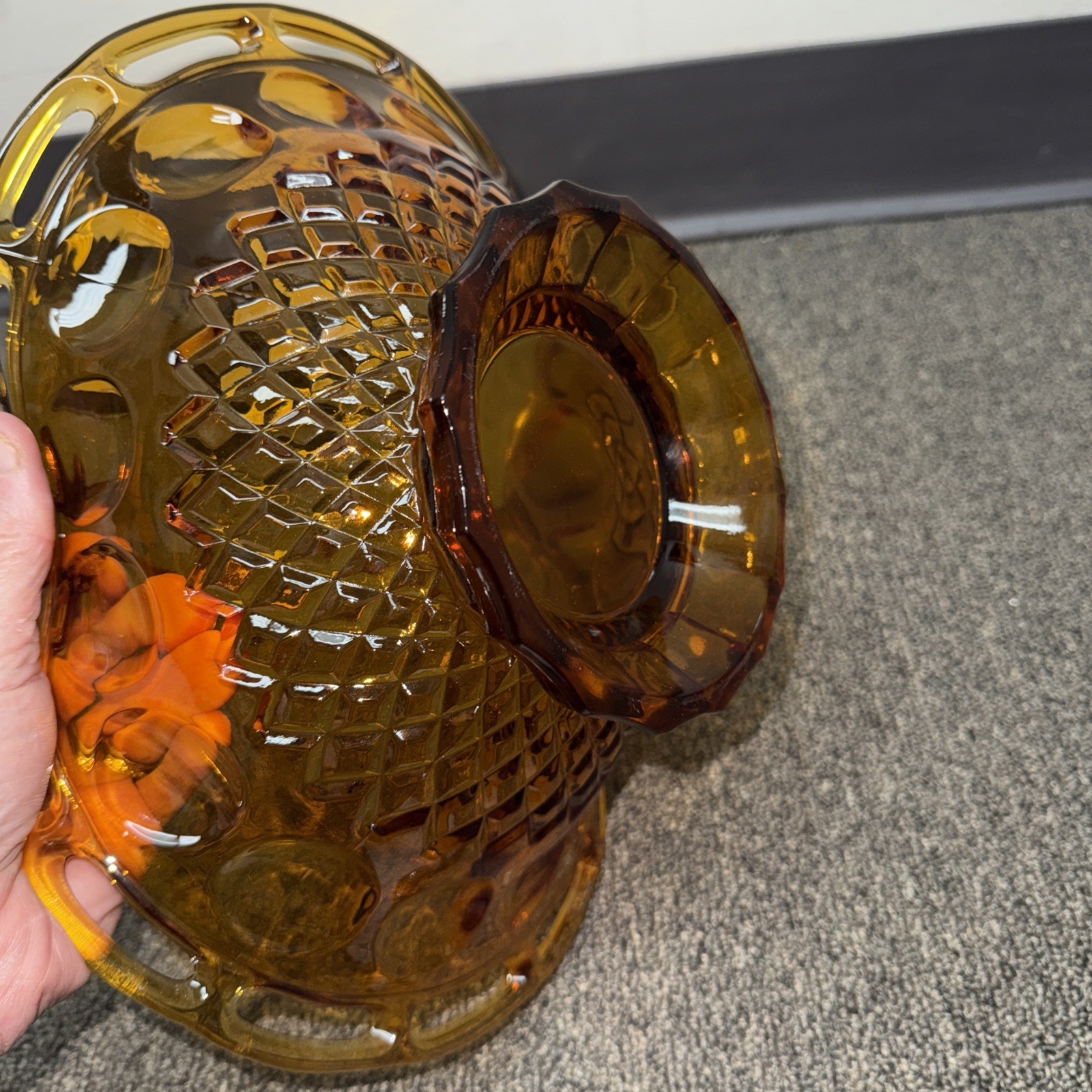 Vintage Pitman Dreitzer Colony Large Open Lave Edge Amber Glass Basket Handle
