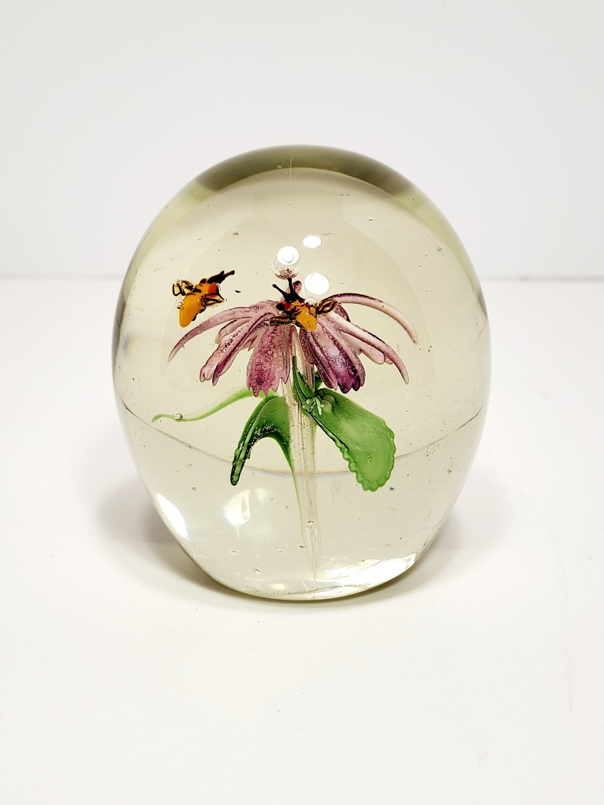 Handcrafted Silvestri Art Glass Paperweight Two Bees And A Purple Flower • VTG