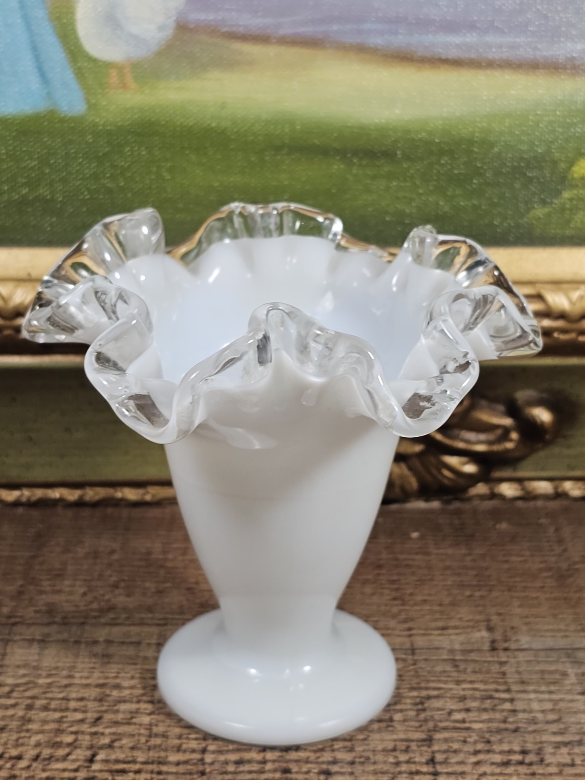 Vintage Fenton Silver Crest White Milk Glass Vase Ruffled Edge