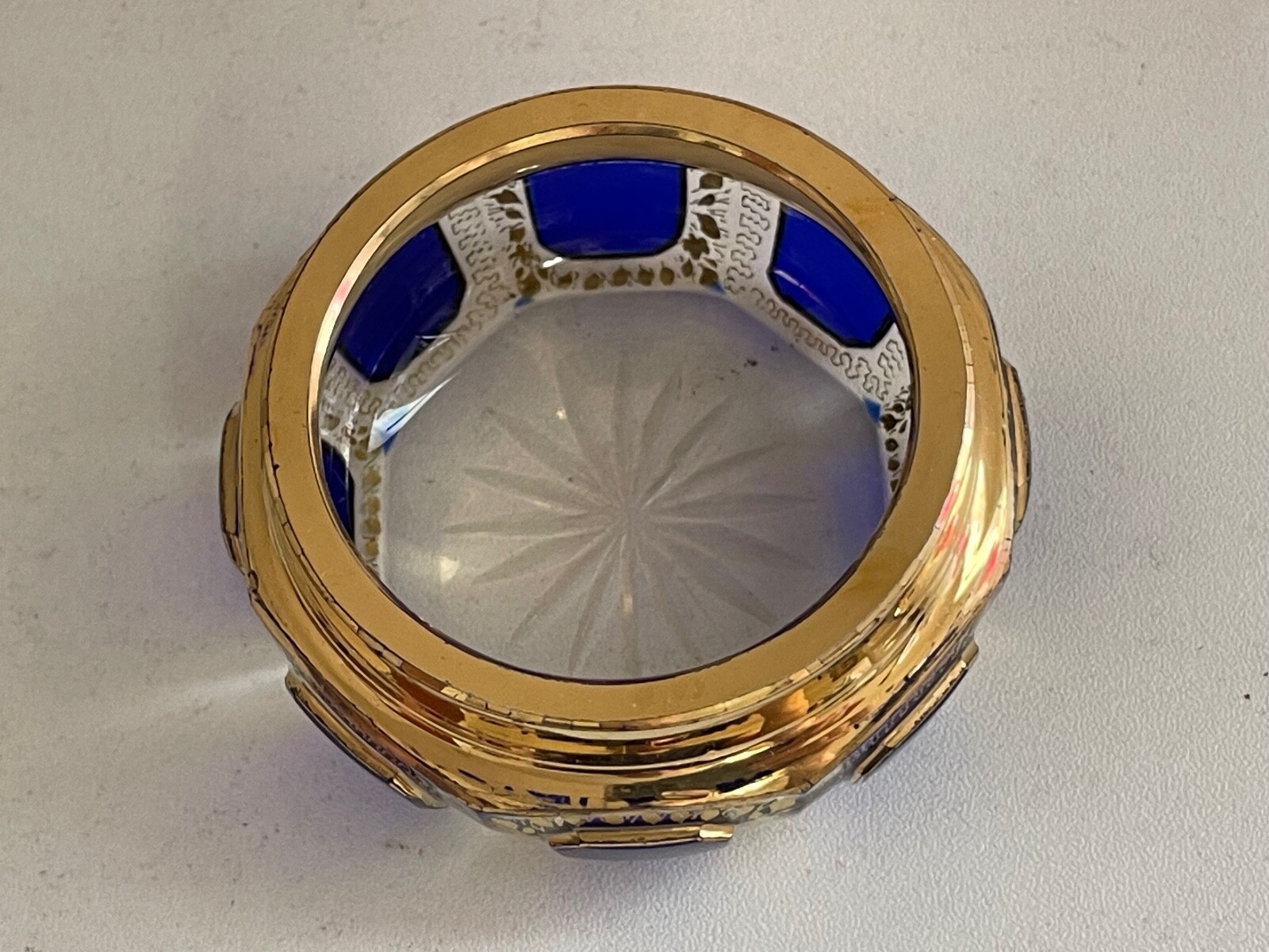 Vintage Antique Manner of Moser Cobalt Clear & Gold Faceted Glass Round Box