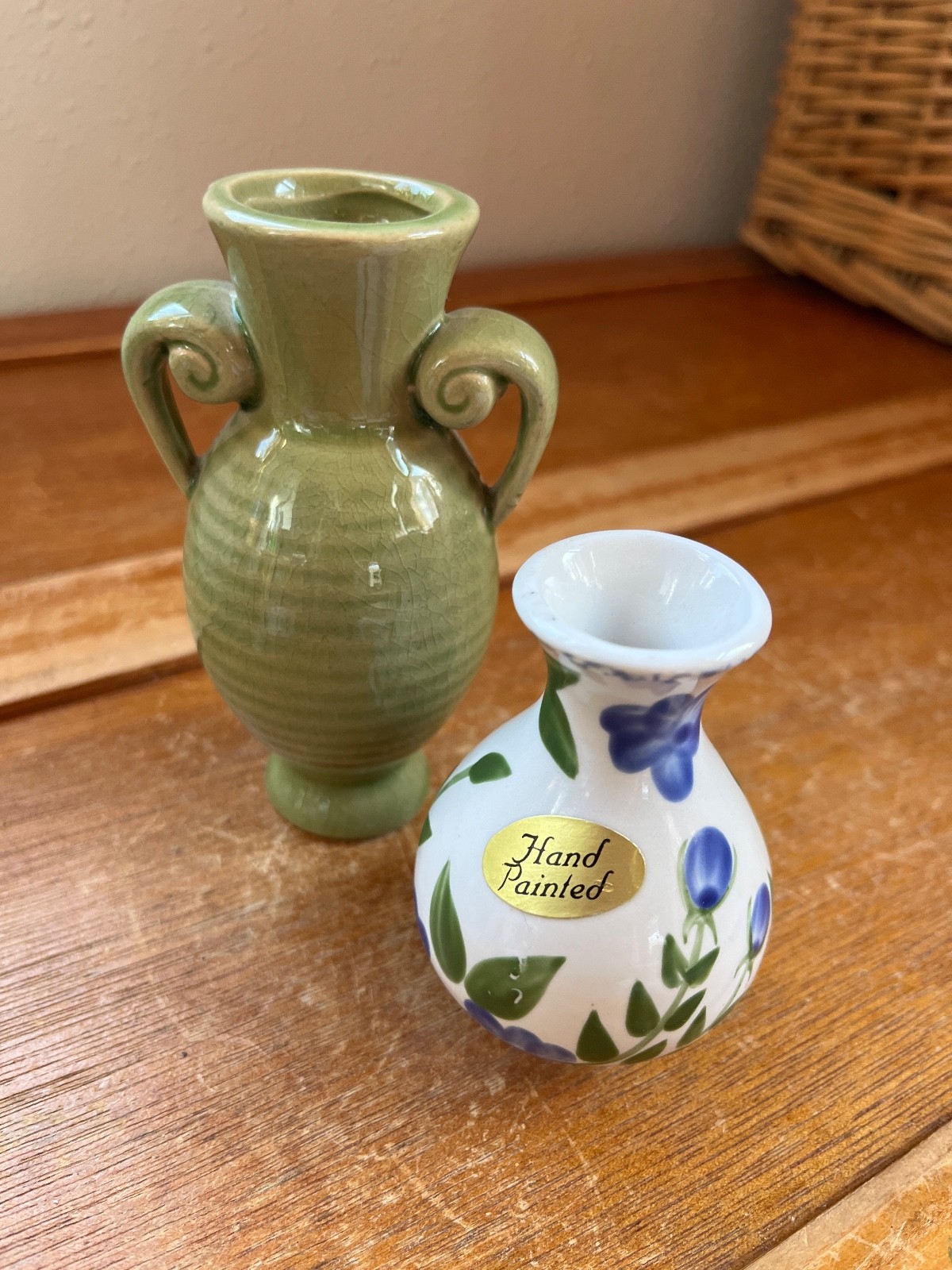 Lot of Small White w Blue Handpainted Flowers & Light Green Crackle Glaze Double