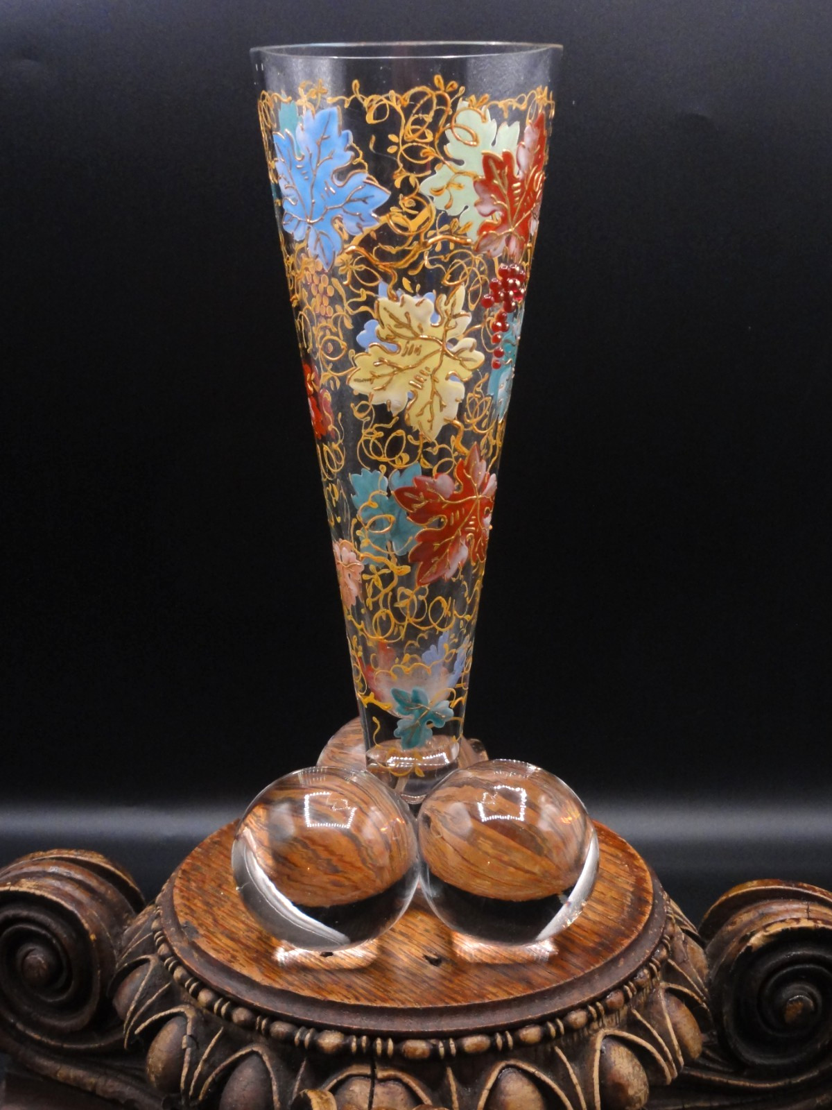 Antique Harrach Art Glass Vase w/ Moser Hand Painted Enamel + Bead Grape Leaves