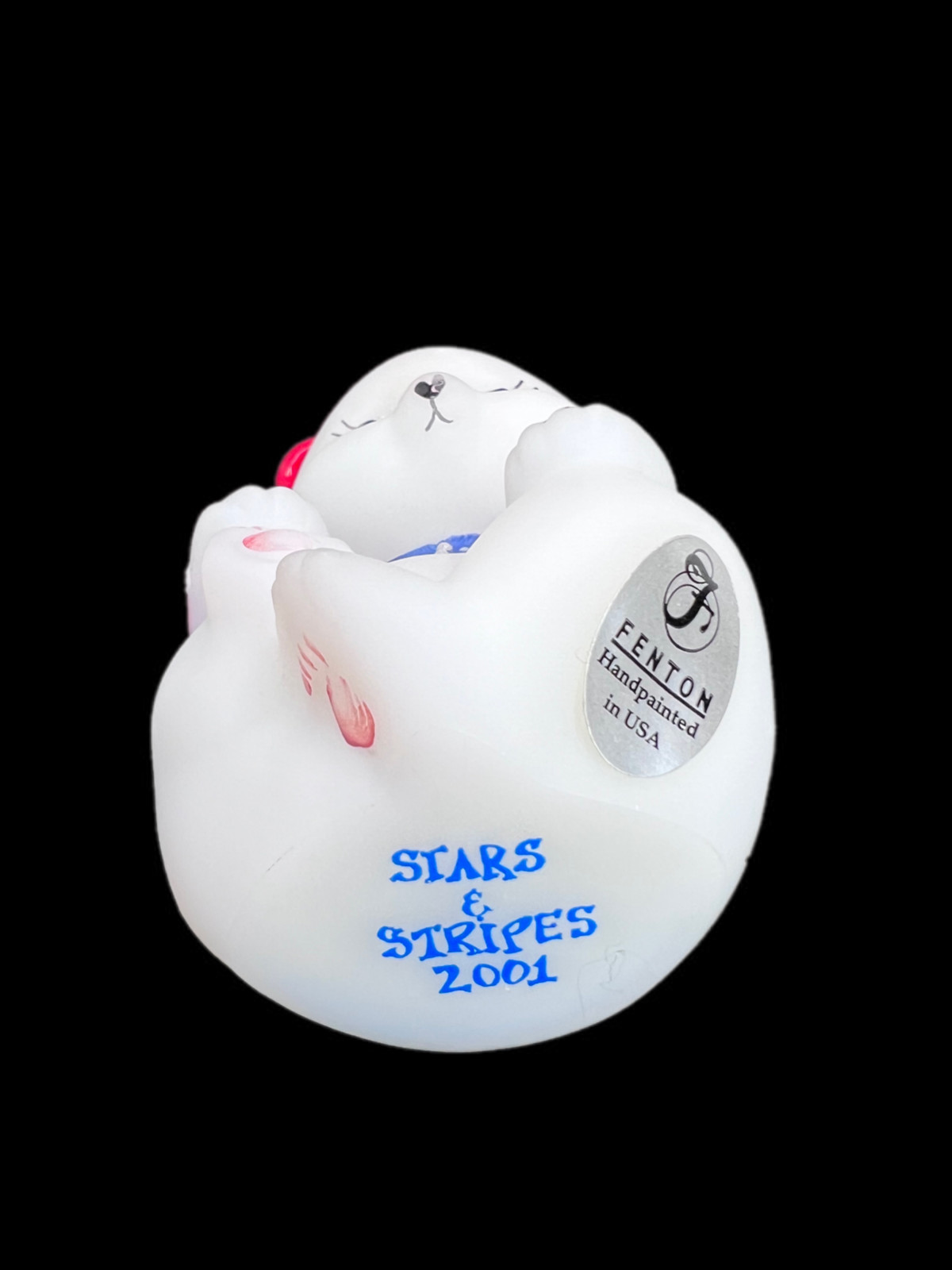 Fenton 2001 Sitting Bear Patriotic Stars and Stripes White Satin Glass Signed