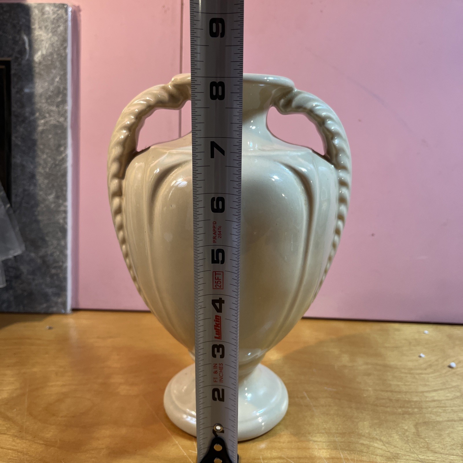 Vintage 9” M-C-M Pale Yellow POTTERY Urn VASE Decorative Handle Art Deco USA EUC