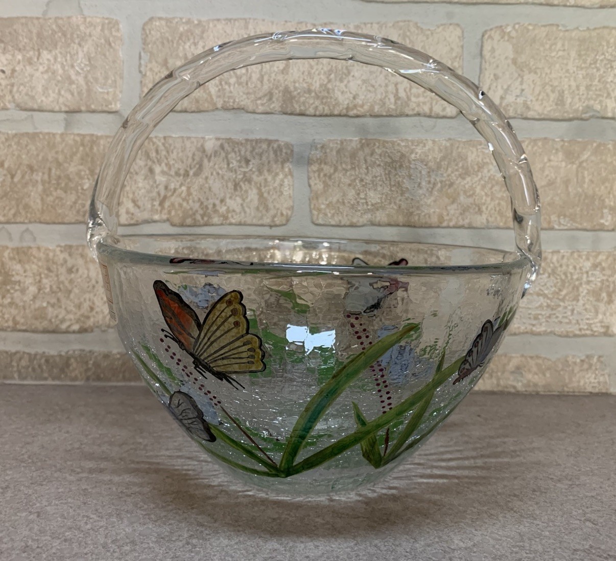 Vintage Fifth Avenue Crystal LTD Romania Crackle Glass Butterfly Basket