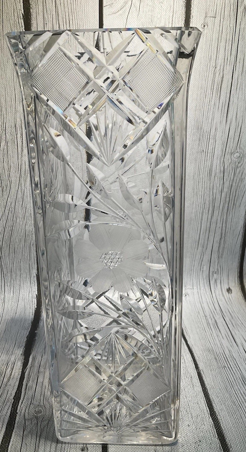 Vintage ABP Cut Crystal Square Glass Vase Flowers Leaves Clear Glass 10” Tall