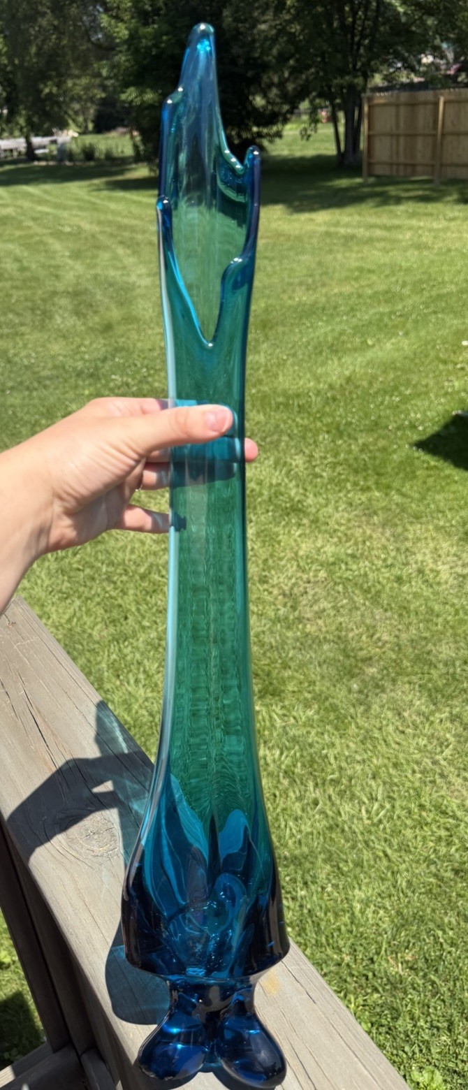 RARE Viking Epic Bluenique Swung Vase Tall 3-Toe Pedestal MCM Art Glass 24.75 In