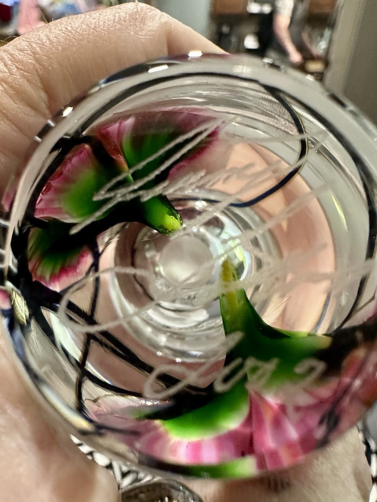 Stunning Signed Art Glass Perfume Bottle Hand Painted Floral Hand Blown