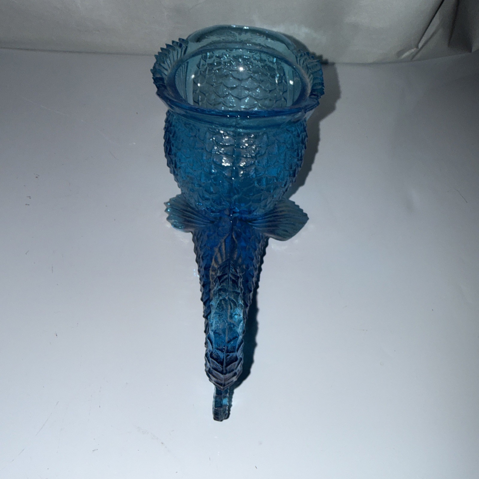 Teal Blue gGlass Fish Container Koi Shaped *No Lid Scale Pattern Rare
