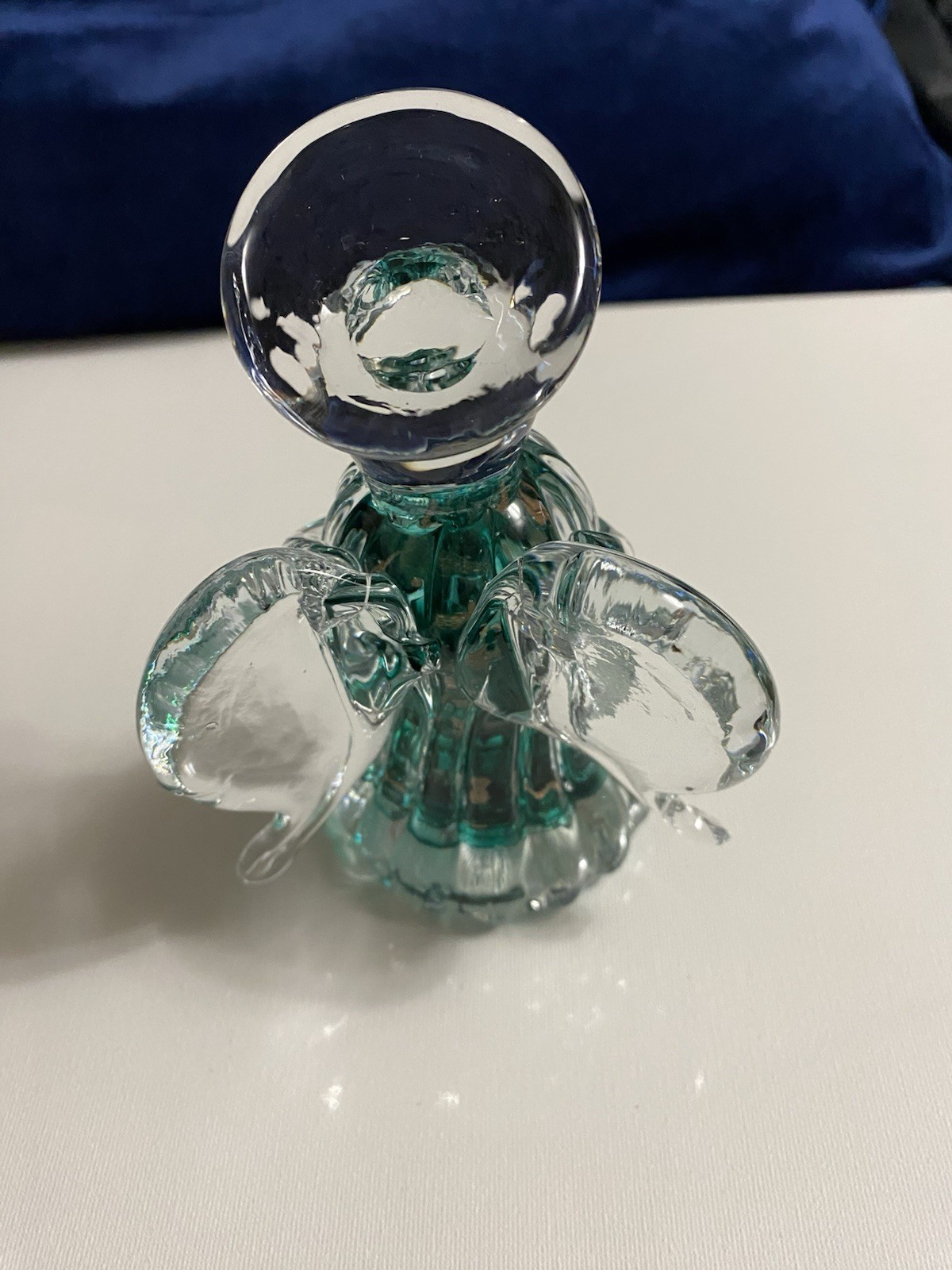 Crystal Clear Teal Gold Swirl Praying Angel Stamped 2011 6” Tall Blenko?