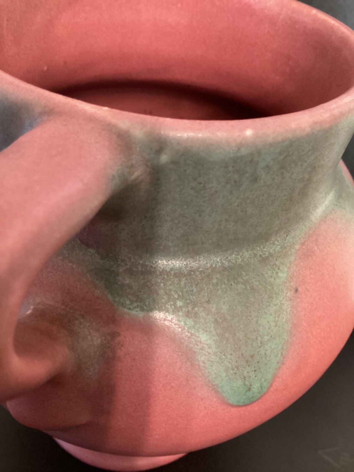 Muncie Pottery green over rose drip glaze vase