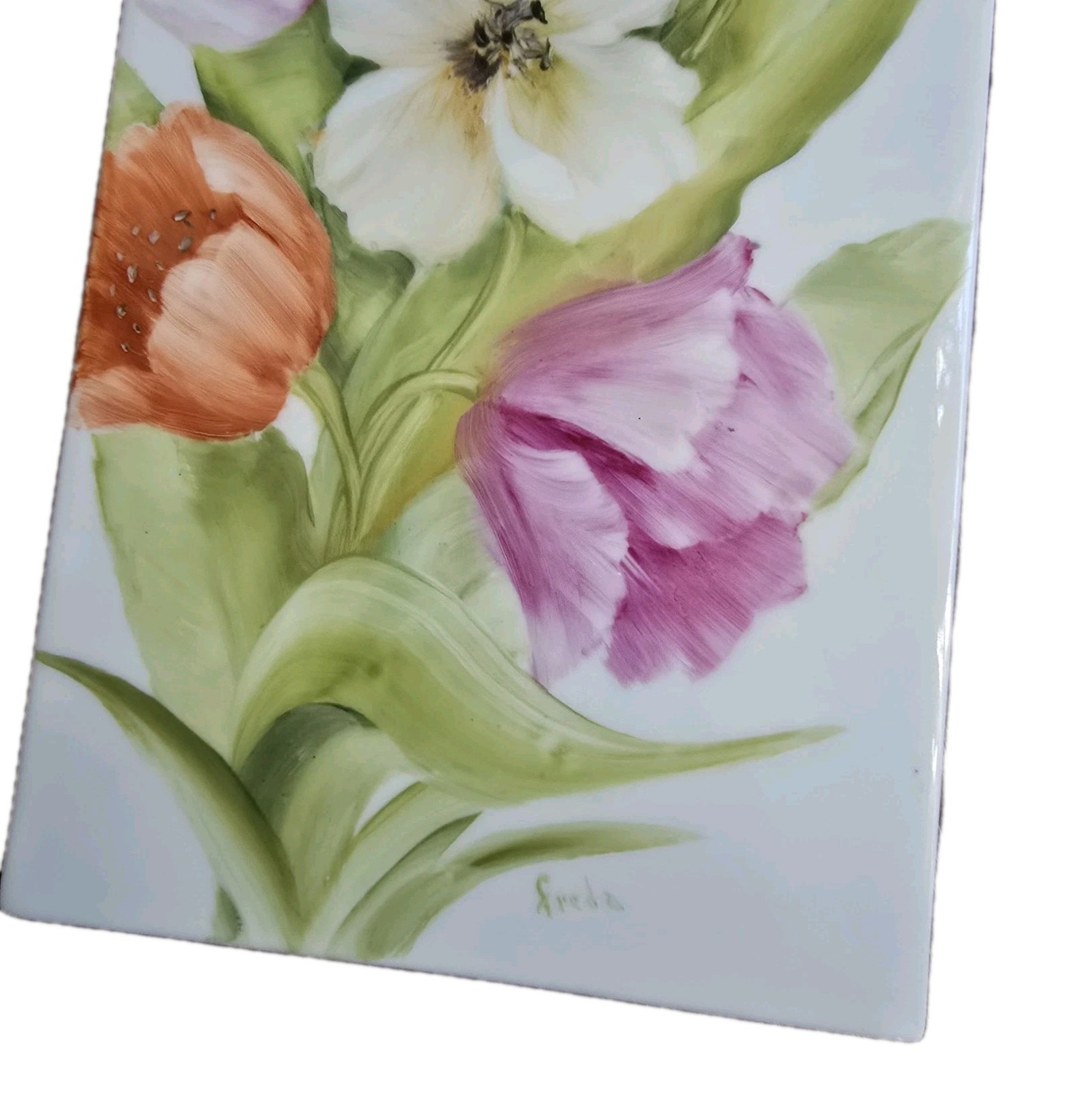 Vtg Flower Porcelain Tile Handpainted Ceramic Art Tulips Flowers Spring Signed