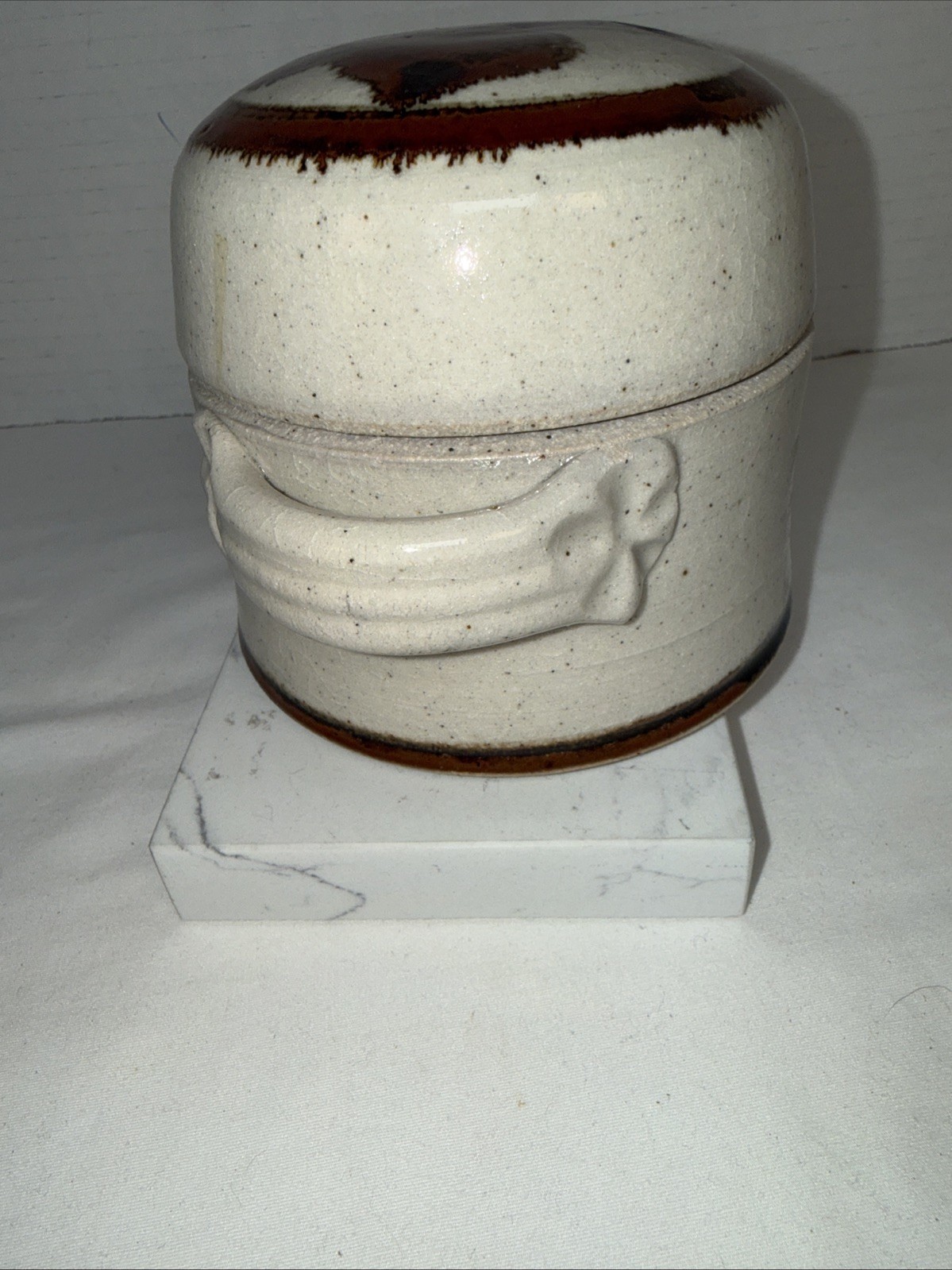 Studio Art Pottery Domed Jar Container with Handles &Lid 4.5” Artisan Signed Box