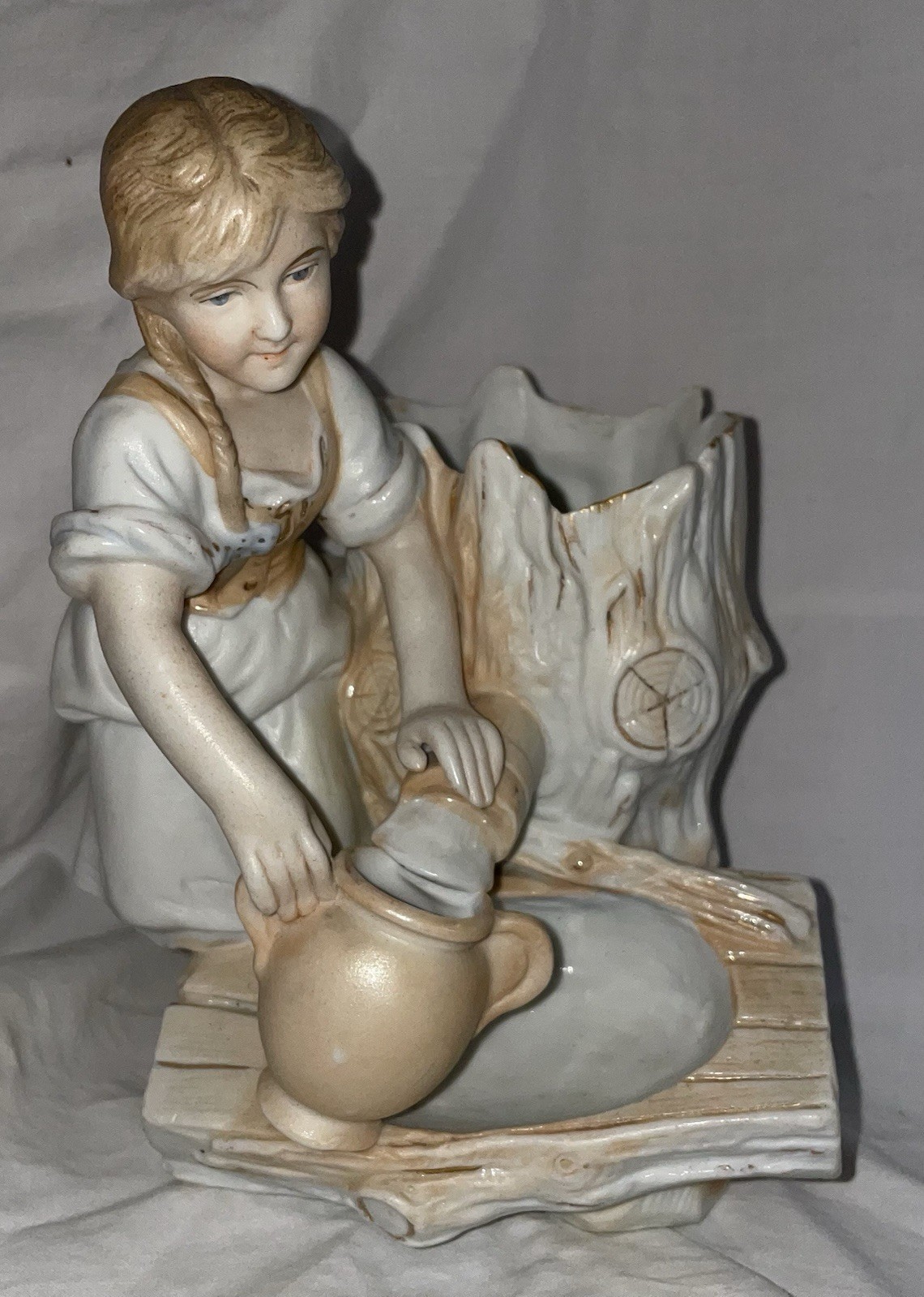 Vintage Bisque Figurine Spill Vase? Girl W/Water Jug Tapped Tree Stump Germany