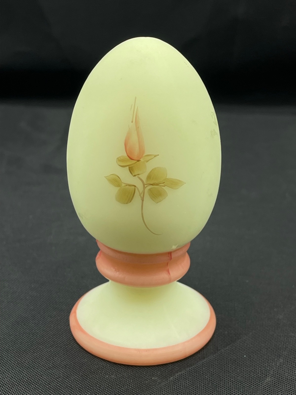 Fenton Vaseline Glass Egg figurine Roses on Custard Handpainted Glows signed