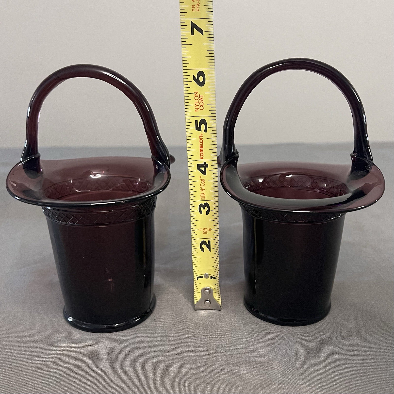 VTG Set Of 2 Glass Baskets W/ Handle Amethyst Color 4.5×3.5×6.25” Curved Lip