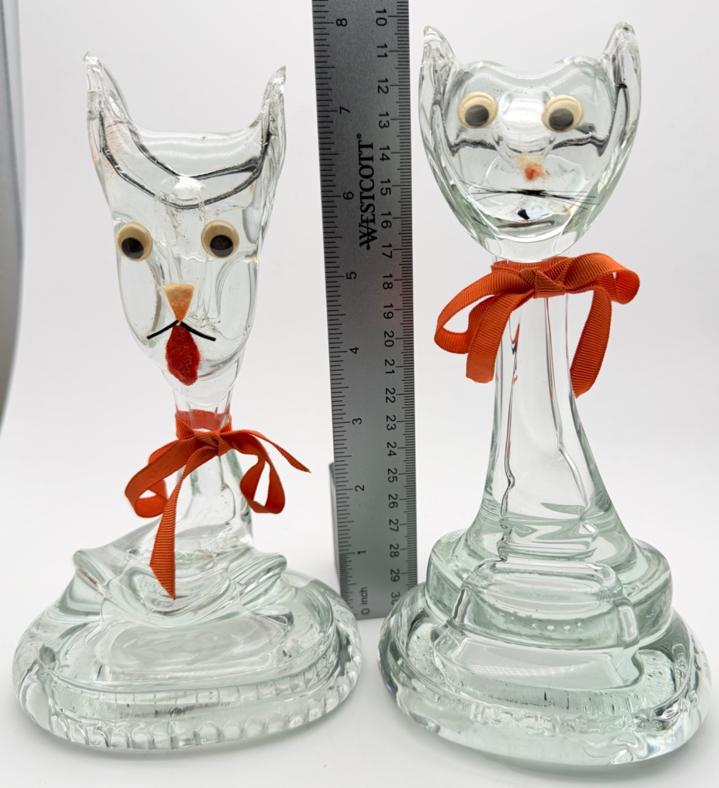 Vintage Hand Blown Art Clear Glass Cat Sculpture Figurine Paperweight Set of 2