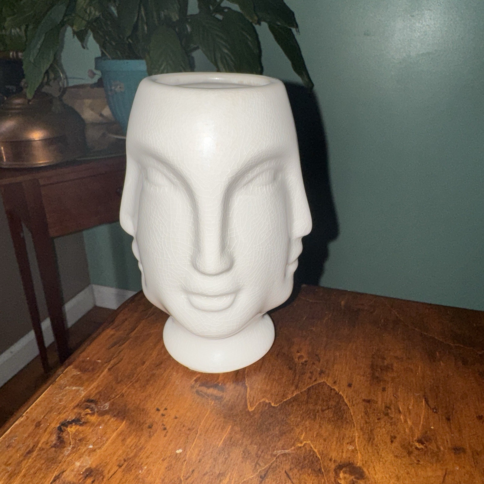 Vtg 4 FACES VASE 6” MCM Style Ceramic Crackle Glaze Ivory White Whimsical