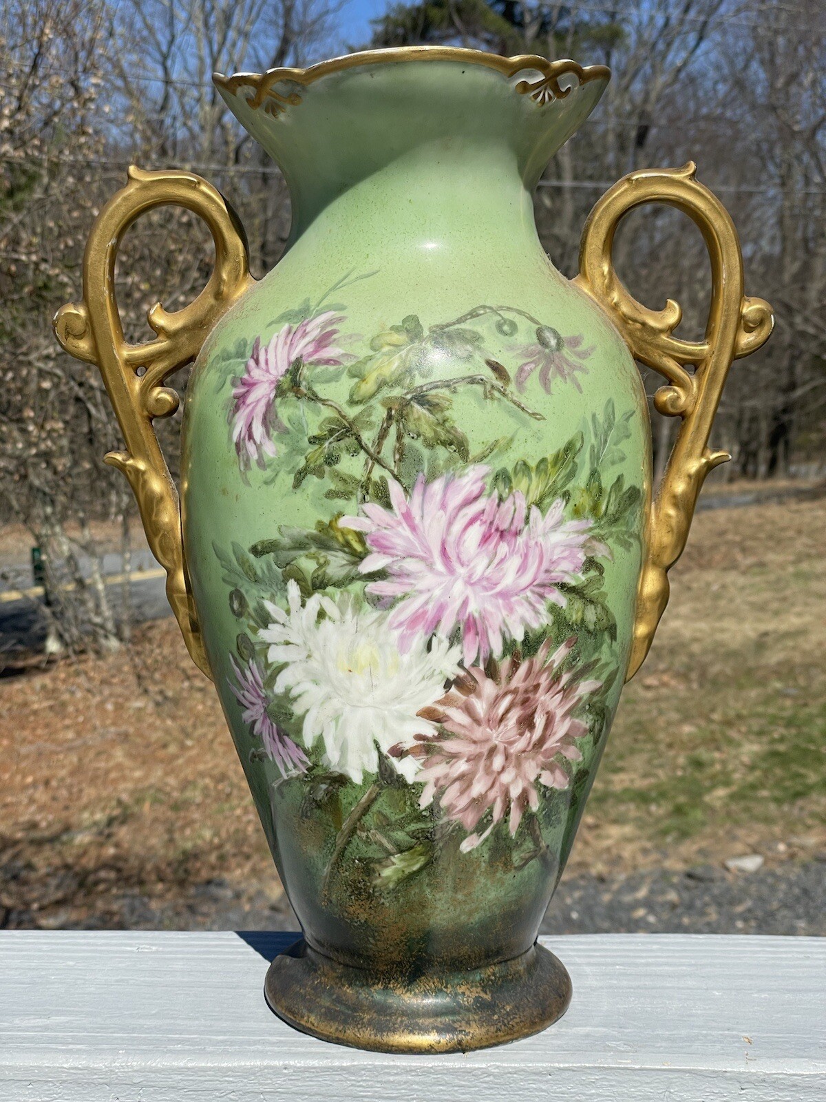 LARGE 15.5″ Antique Continental Porcelain Hand Painted Gilt Handled Vase