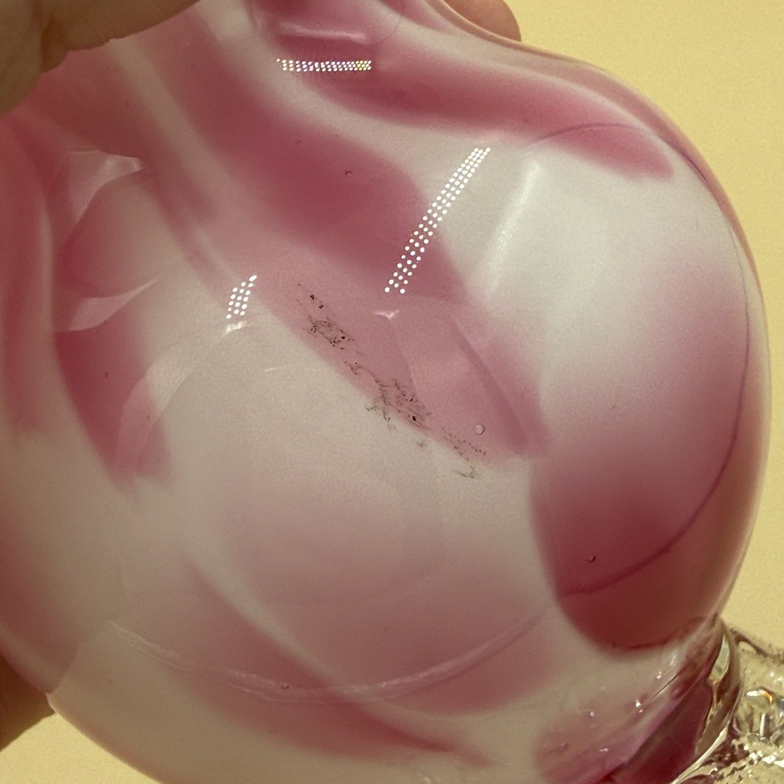 Vintage Pilgrim Glass White & Pink Frit Swirl Small Clear Footed Vase 4.5”