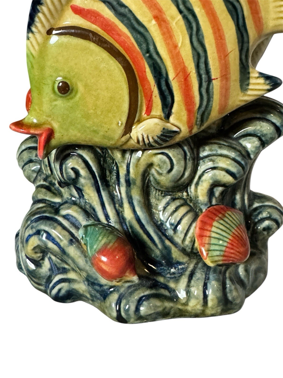 Bold Vintage Fish & Shell Vase 10” Coastal Statement Nautical Decor