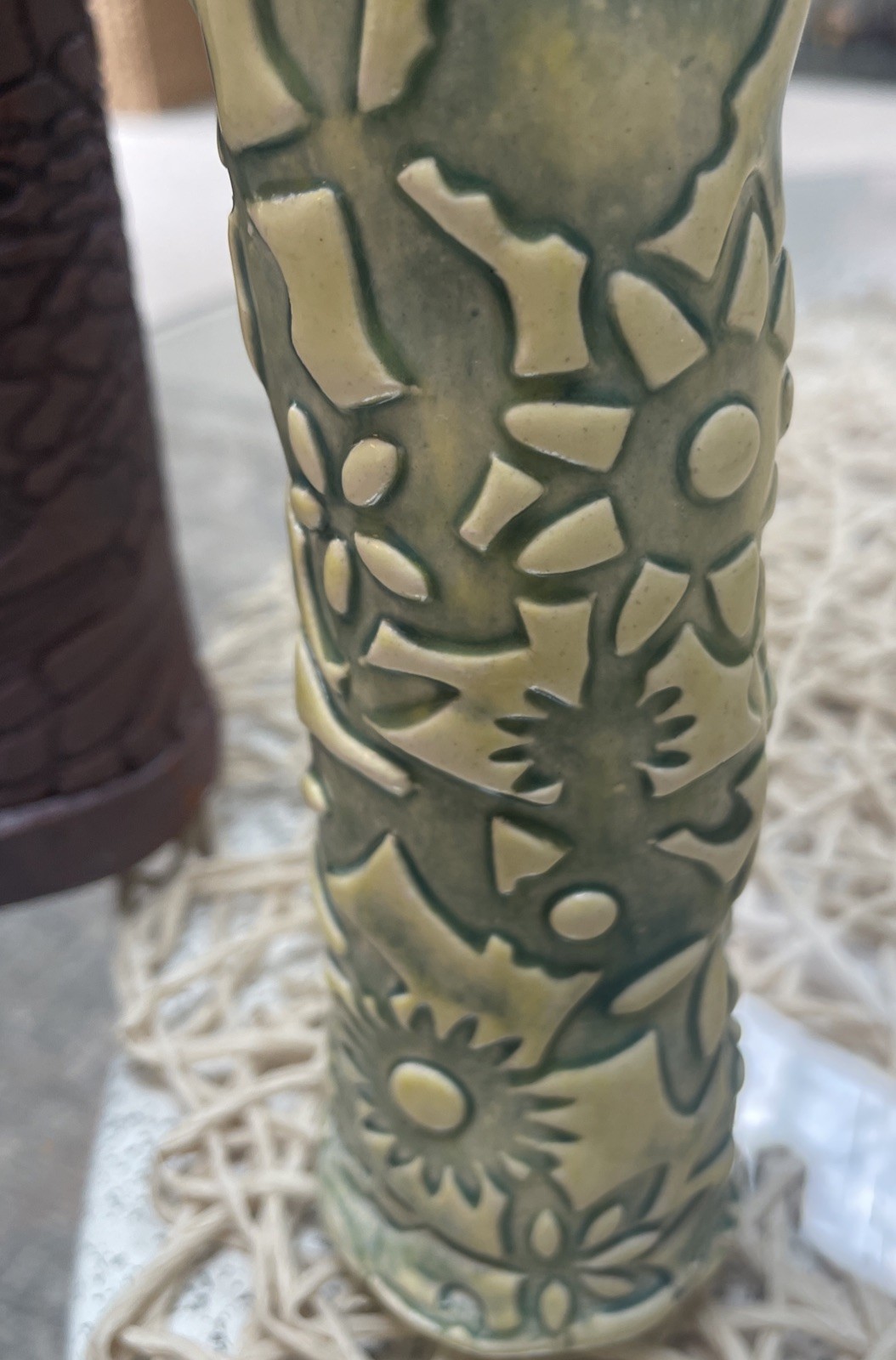 2 Mid Century impressed & Incised Decorated Pottery Cylinder Vases – Signed RARE