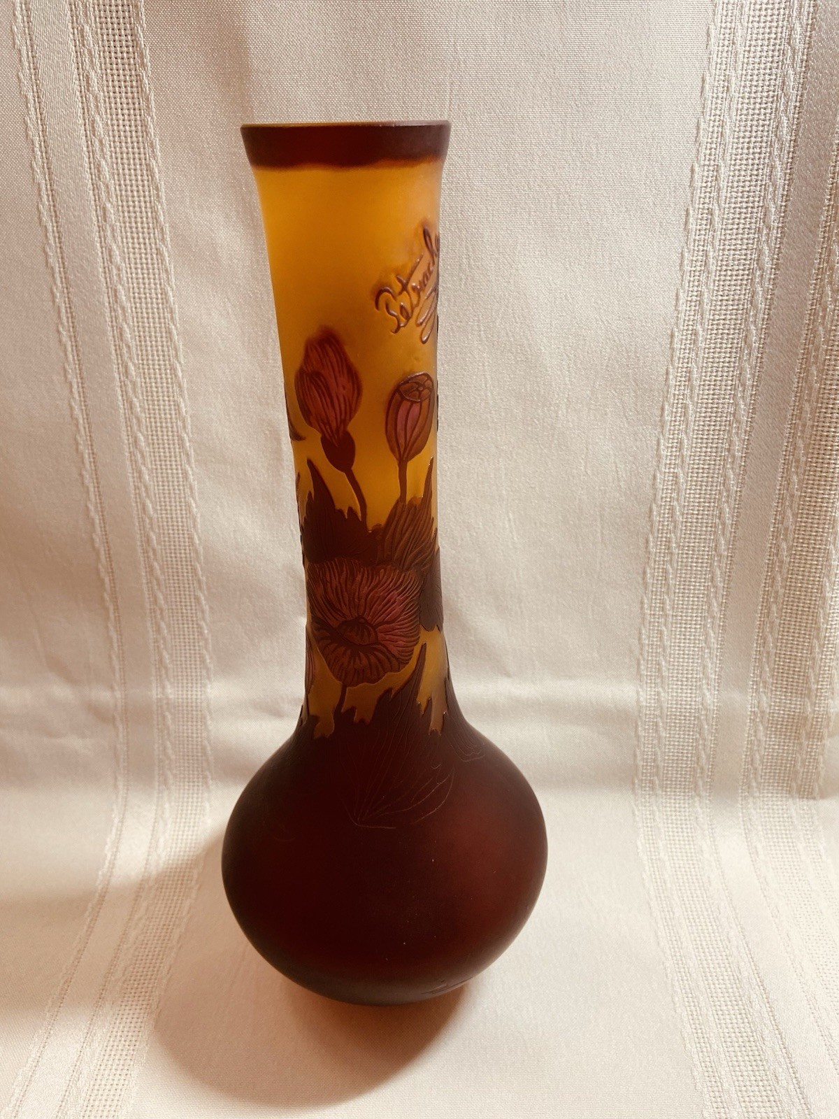 Vintage Petroche Floral Handmade Romania Art Glass Cameo Vase 10 7/8″ Tall Amber