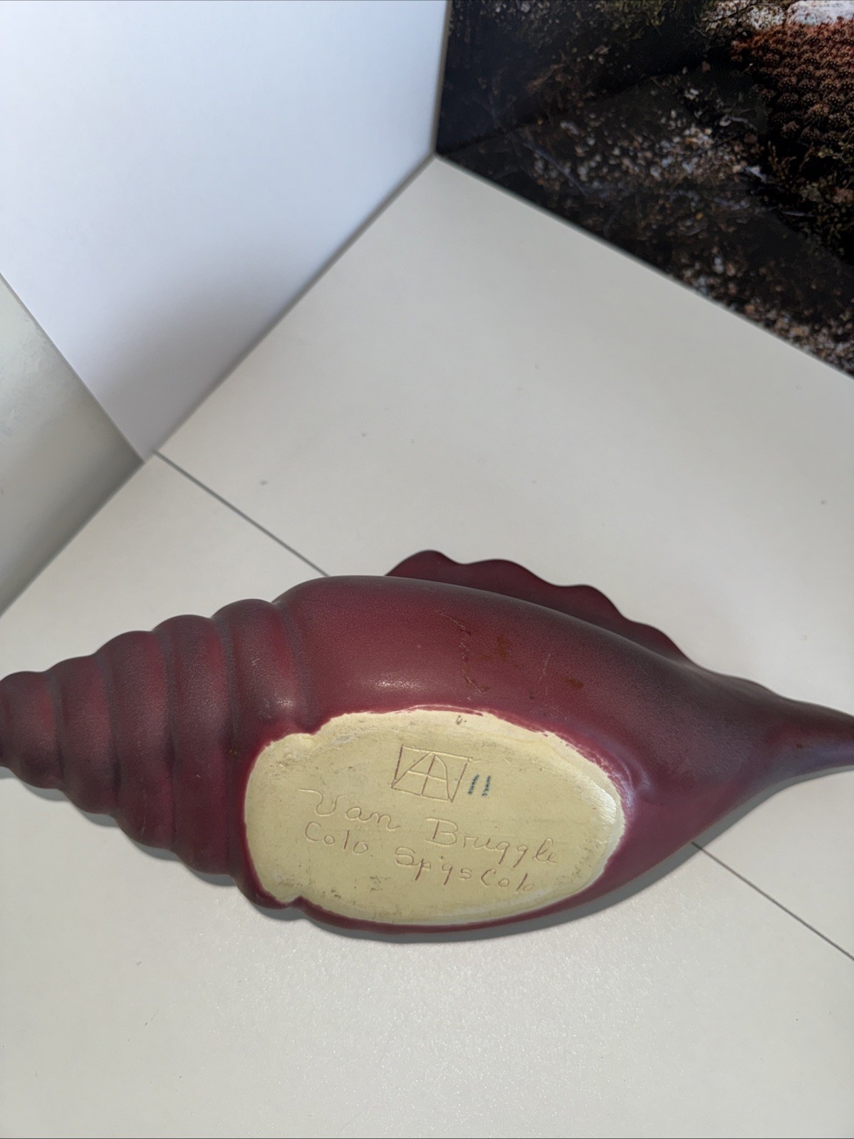 Van Briggle Pottery Conch Shell Bowl Mulberry Red Colorado Springs Signed 12 in