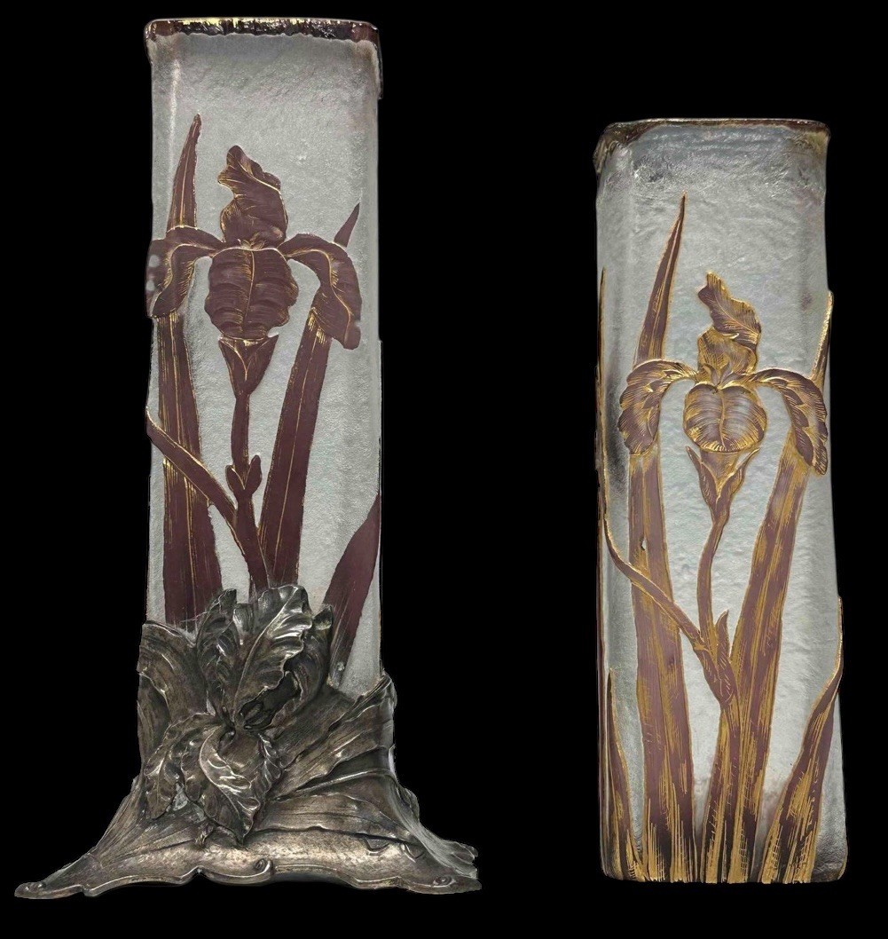 Authentic Pair Genuine Daum Nancy France Acid Etched Cameo Gilt Vases Signd Rare