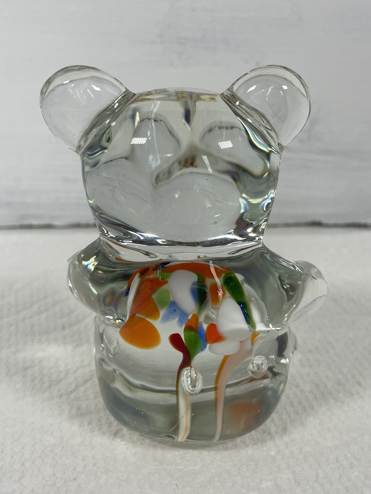 Glass Bear Paperweight Clear Glass with Colored Glass 3 inches tall