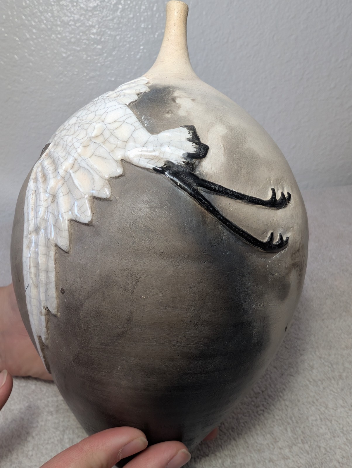 Jinsong Kim Non-Functional Raku Pottery Vase Crane Bird Design