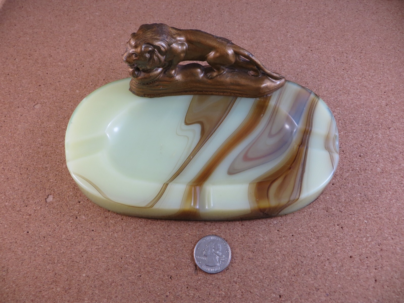 Antique Art Deco Gold Enamel Metal Lion Figurine Swirl Stripe Slag Glass Ashtray