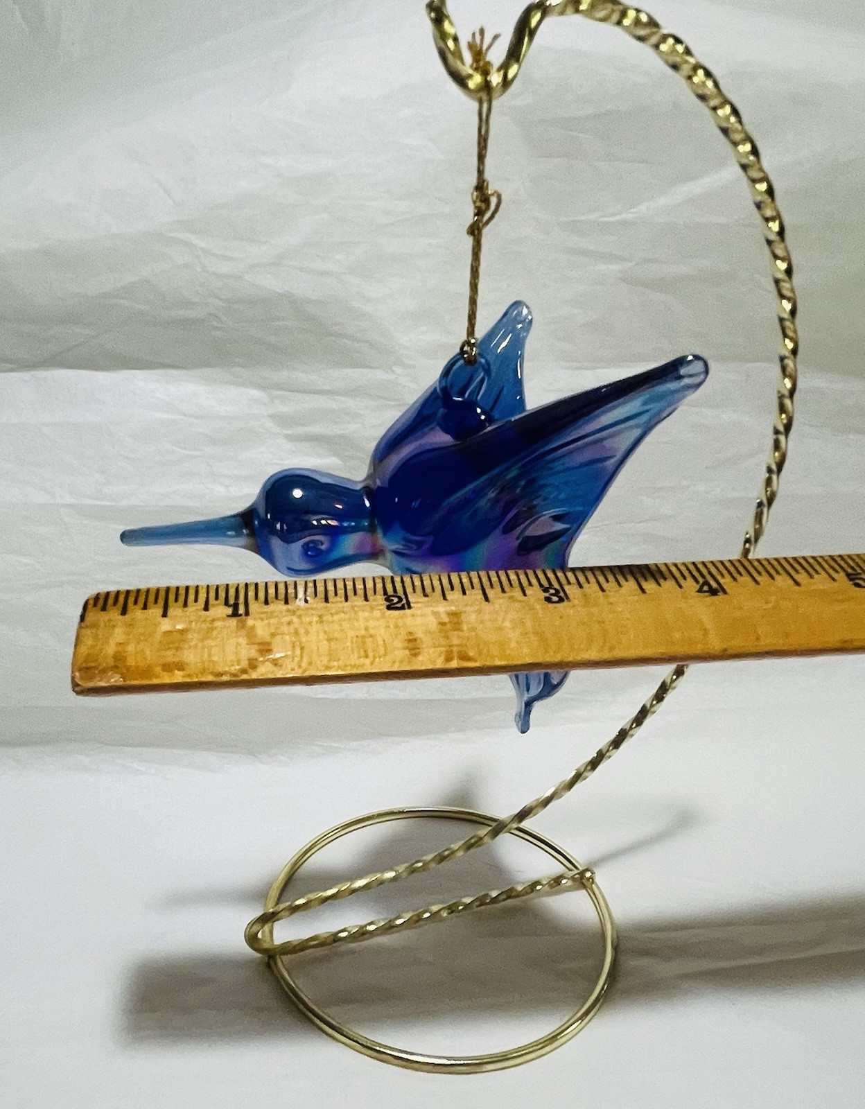 Vintage Hand Blown Glass Iridescent Blue Purple Humming Bird Ornament Display