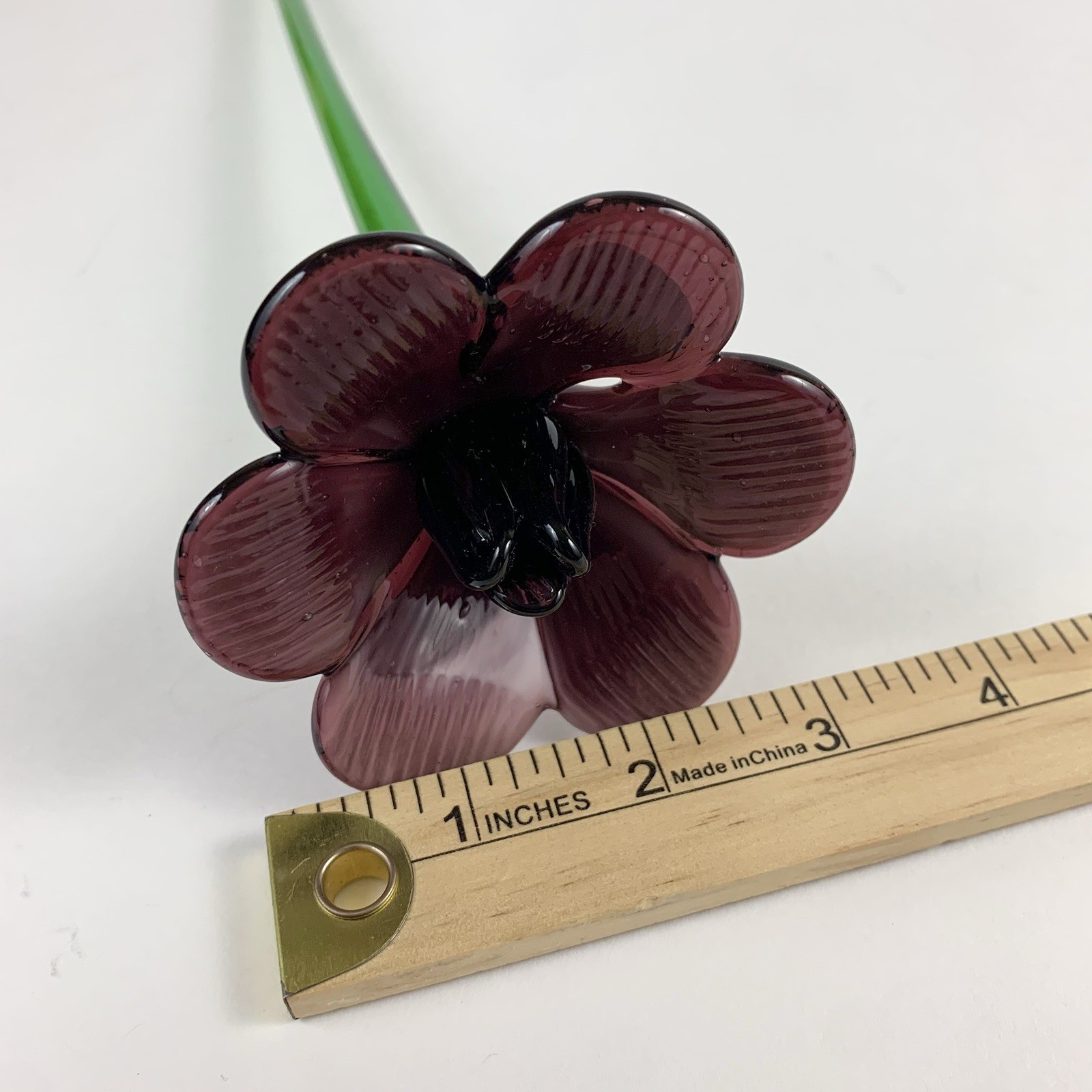 Hand Blown Art Glass Flower Plum Purple Petals & Green Stem 19 Inch Long Decor
