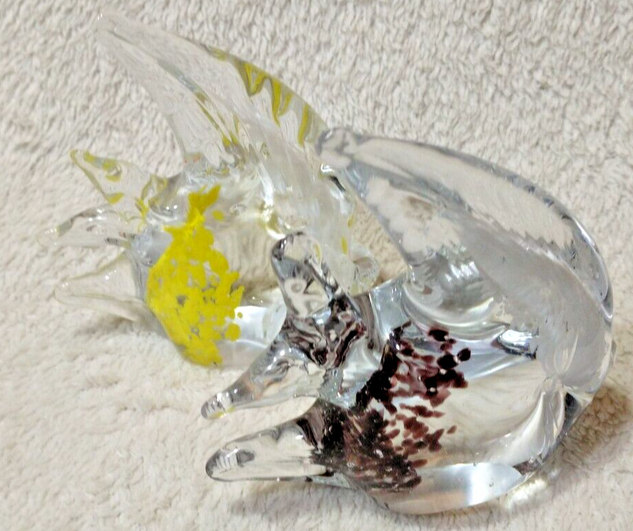 2 Art Glass Angel Fish Statue Clear Yellow White-Clear Black White Paperweight