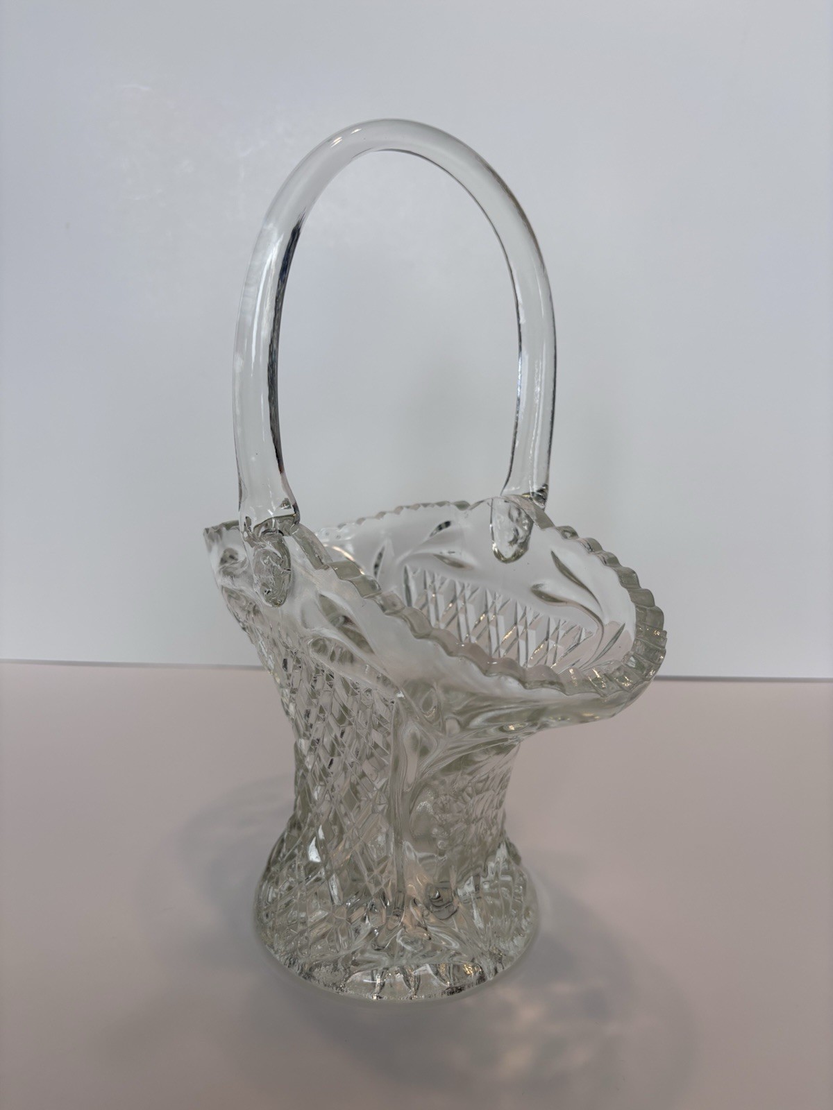 Clear Pressed Glass Oval Decorative Basket with Handle, Diamond Pattern, Glossy