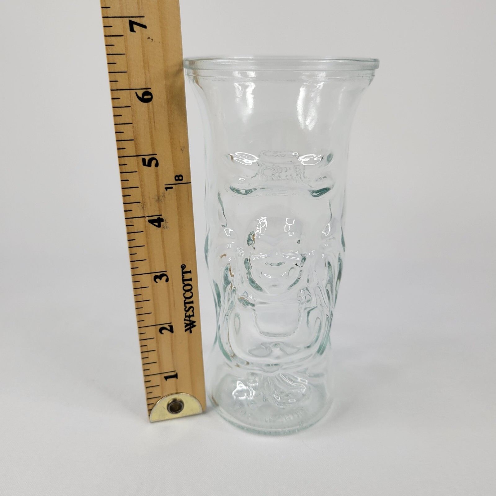 Lucky Buddha Clear Glass Beer Drinking Bud Flower Vase Decor 6.5″ Tall Embossed