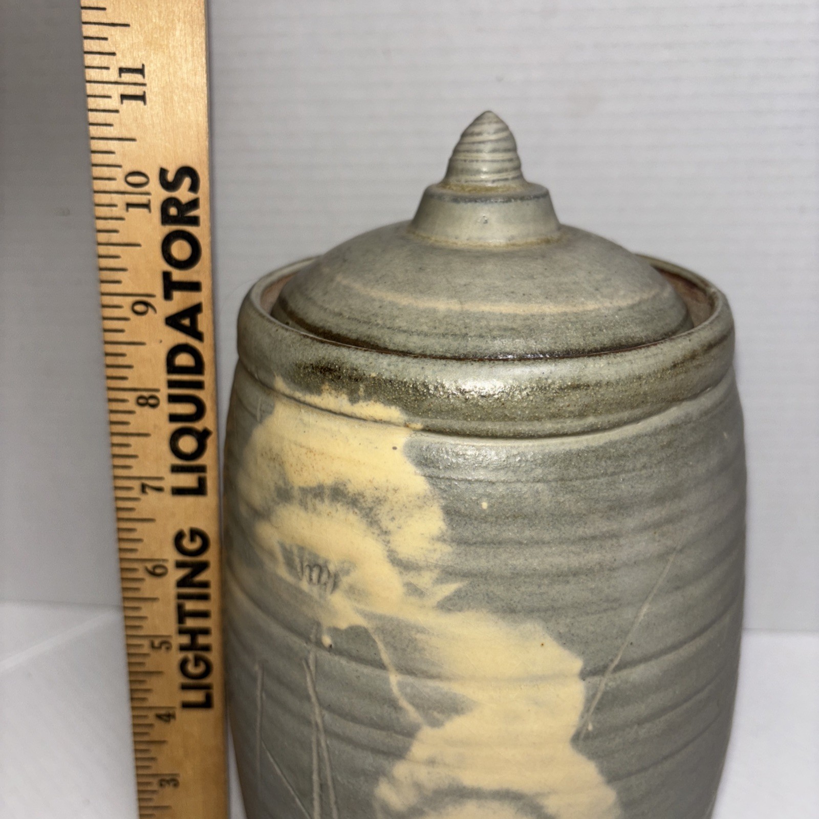 Vintage Hand Thrown Pottery Piece Stoneware Blue Glaze White Floral Design Large
