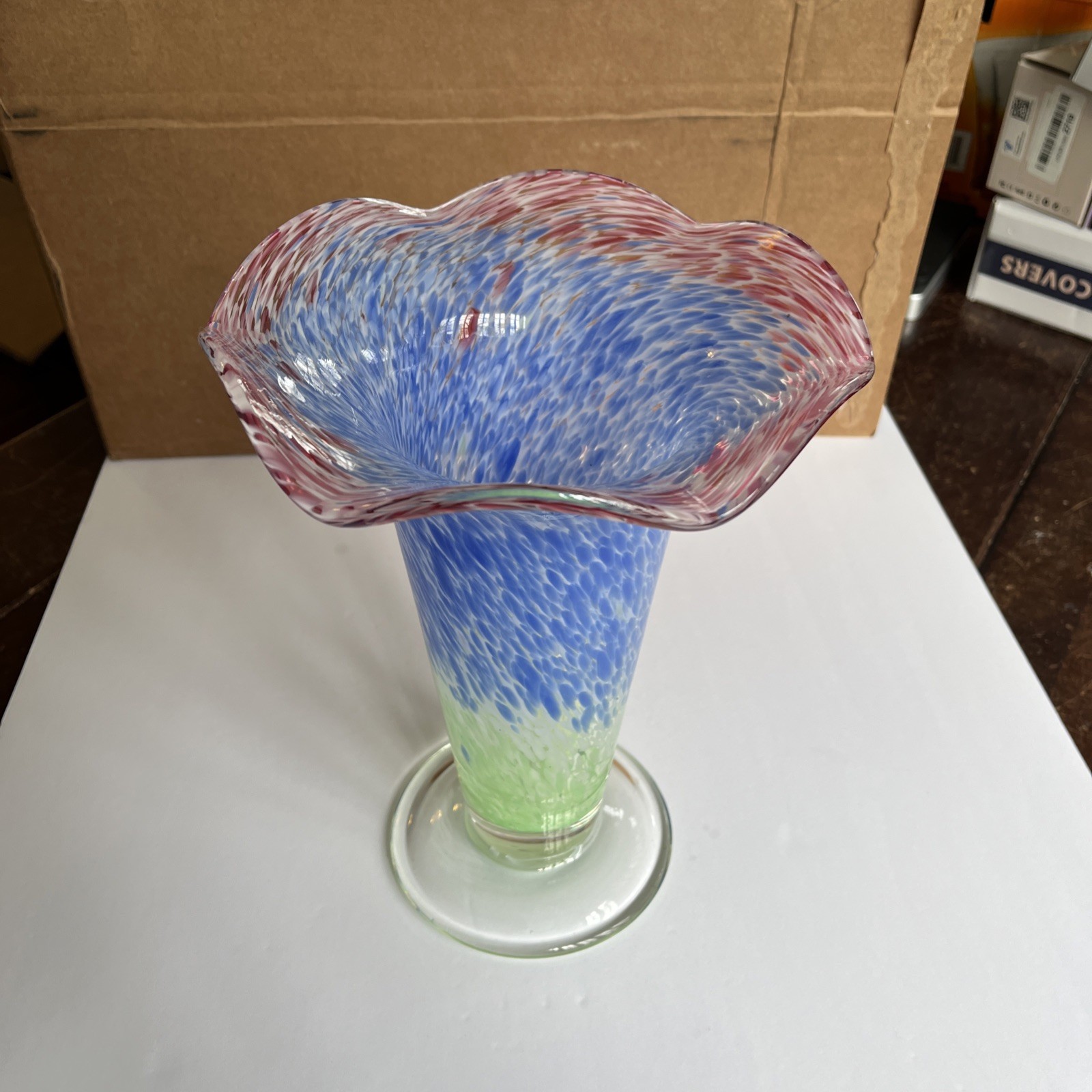 Vintage Art Glass Splatter Vase, Blue Green Red Flower Vase